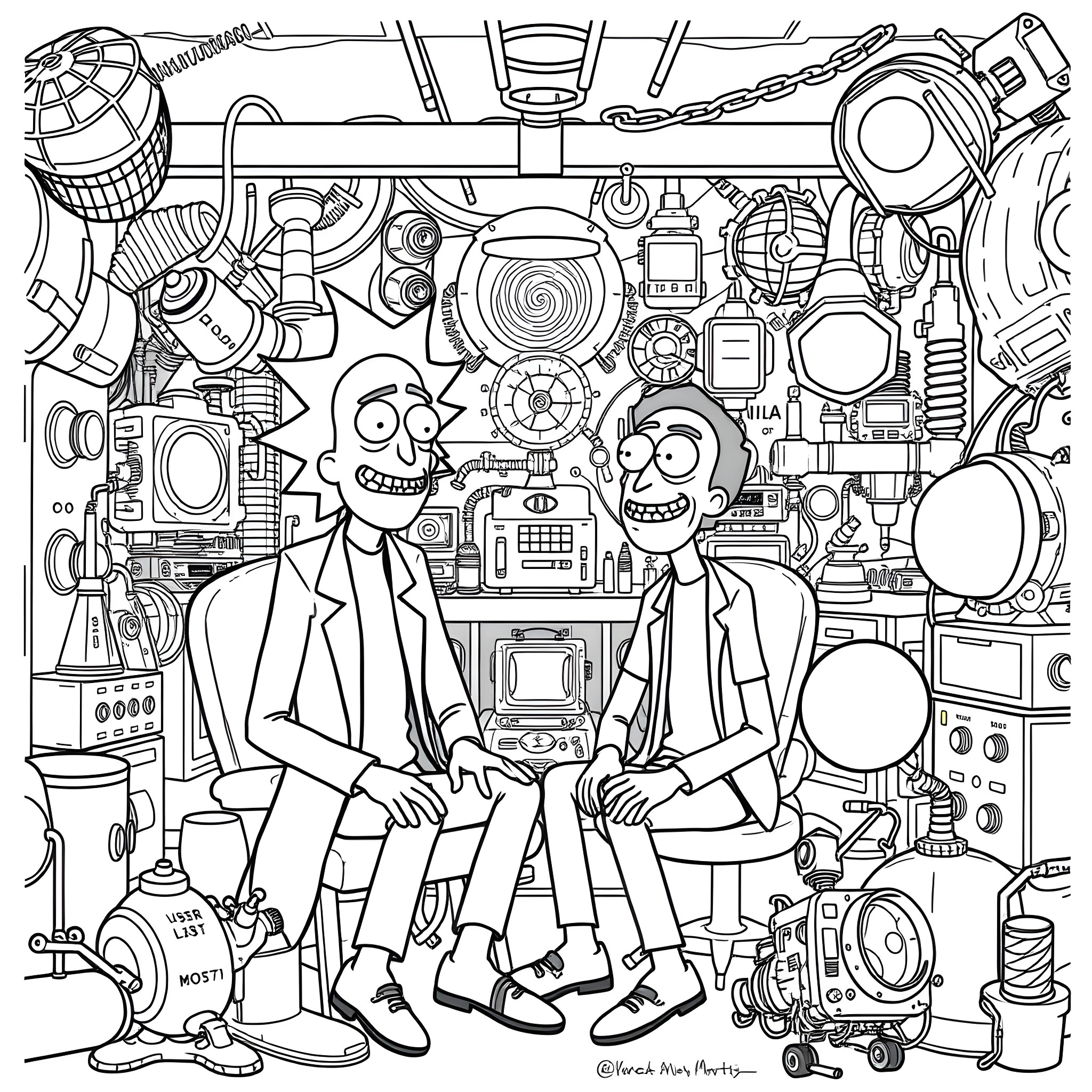 Rick And Morty Exploring Their Chaotic Workshop Coloring Page (free black-and-white line drawing printable PDF for all, from beginners to advanced learners, including children, teens, adults, and seniors)