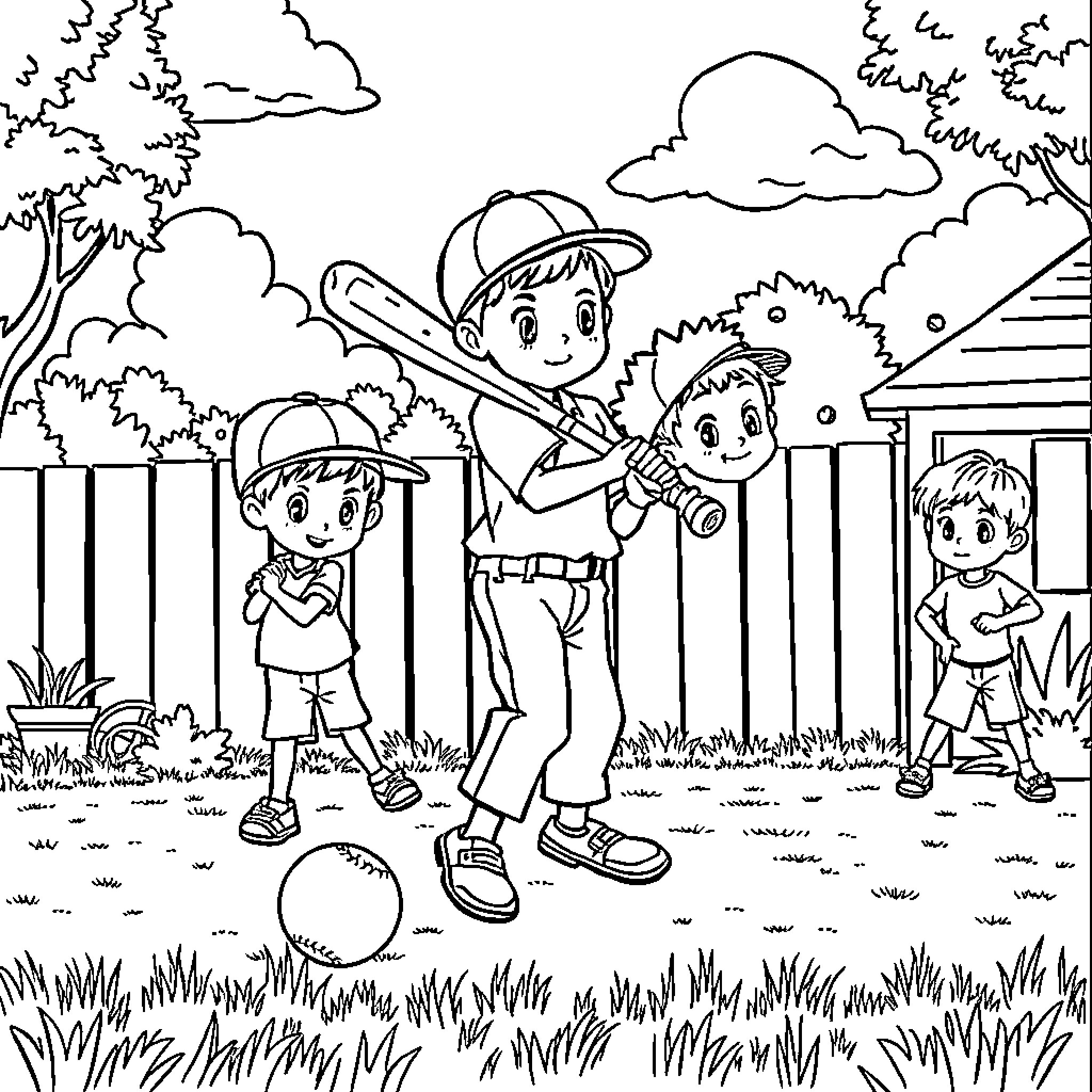Baseball Players Enjoying the Game in the Park Coloring Page (free black-and-white line drawing printable PDF for all, from beginners to advanced learners, including children, teens, adults, and seniors)