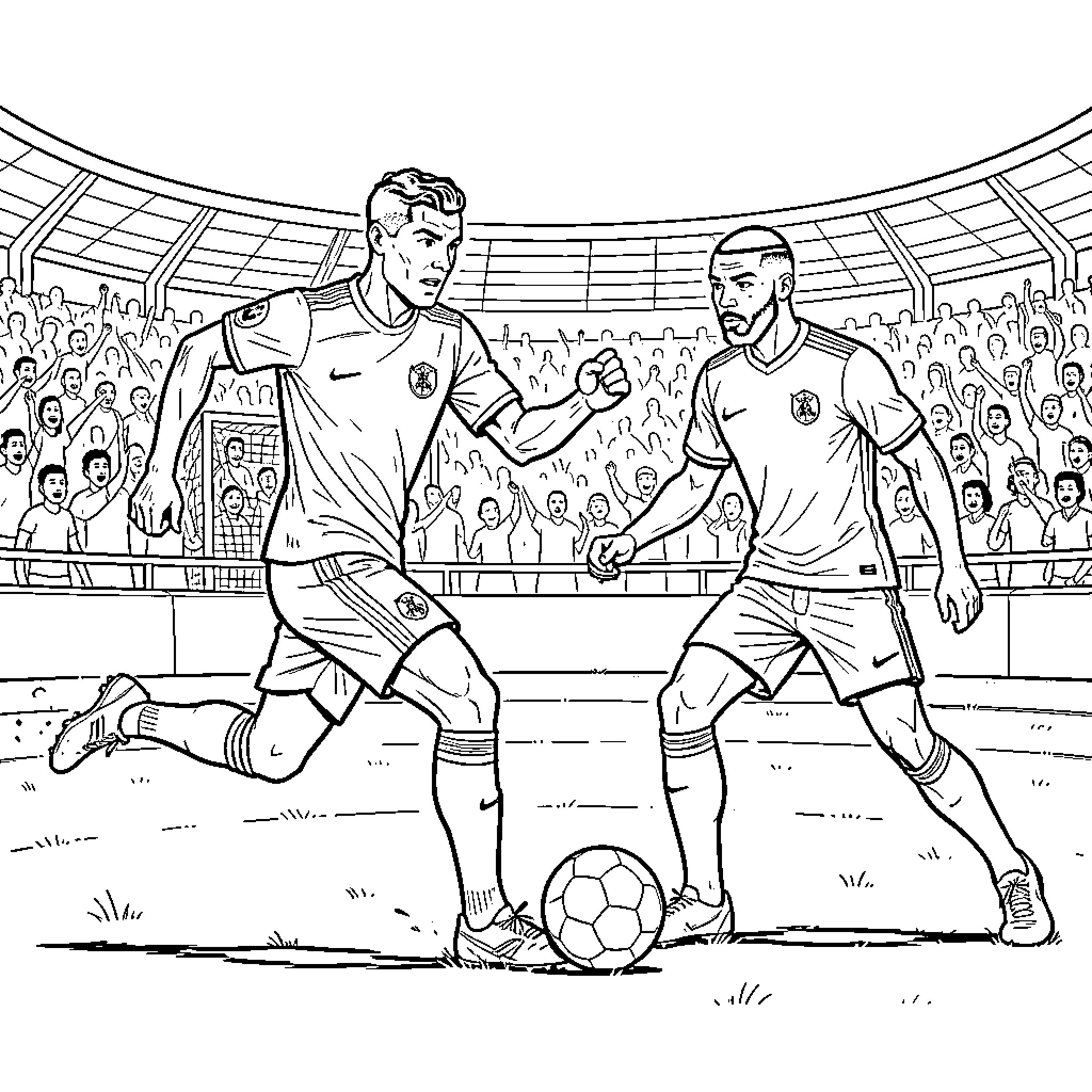 Ronaldo dribbling a soccer ball past a defender Coloring Page (free black-and-white line drawing printable PDF for all, from beginners to advanced learners, including children, teens, adults, and seniors)