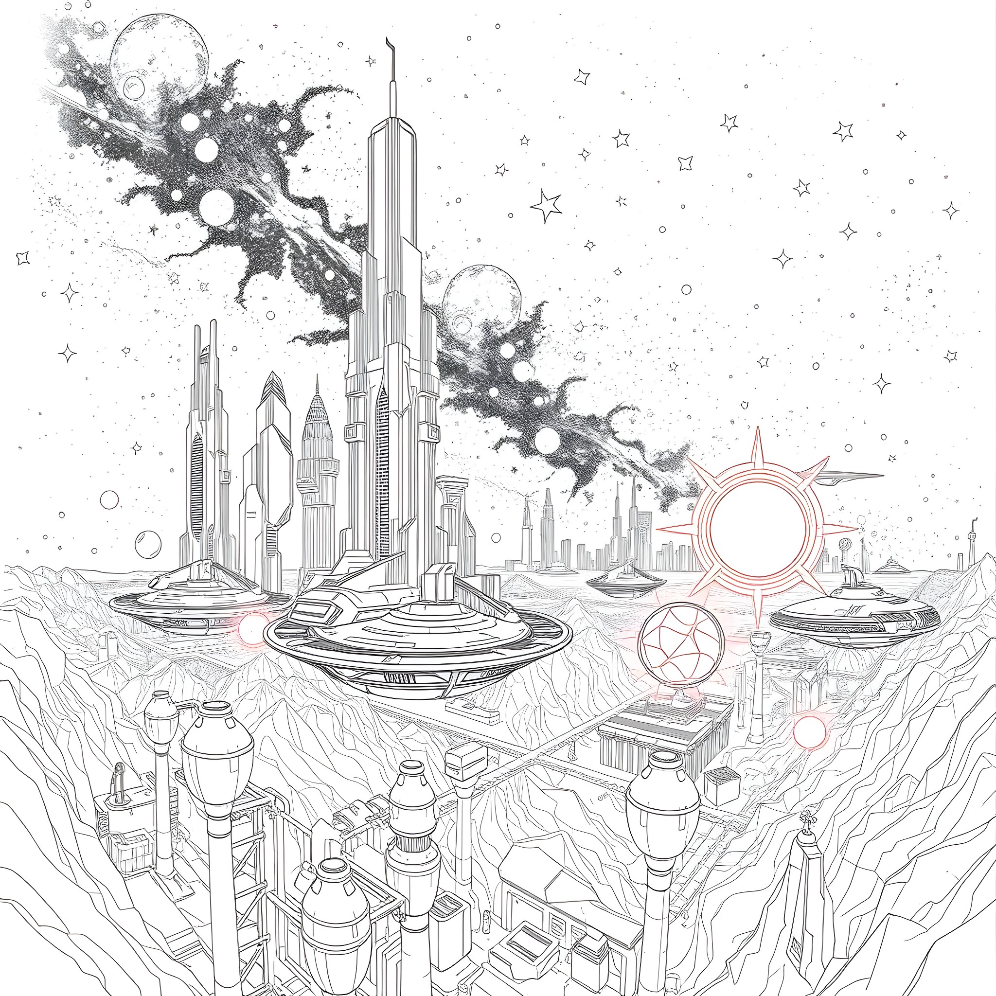 Galaxy of Futuristic Cityscapes and Spacecraft Coloring Page (free black-and-white line drawing printable PDF for all, from beginners to advanced learners, including children, teens, adults, and seniors)