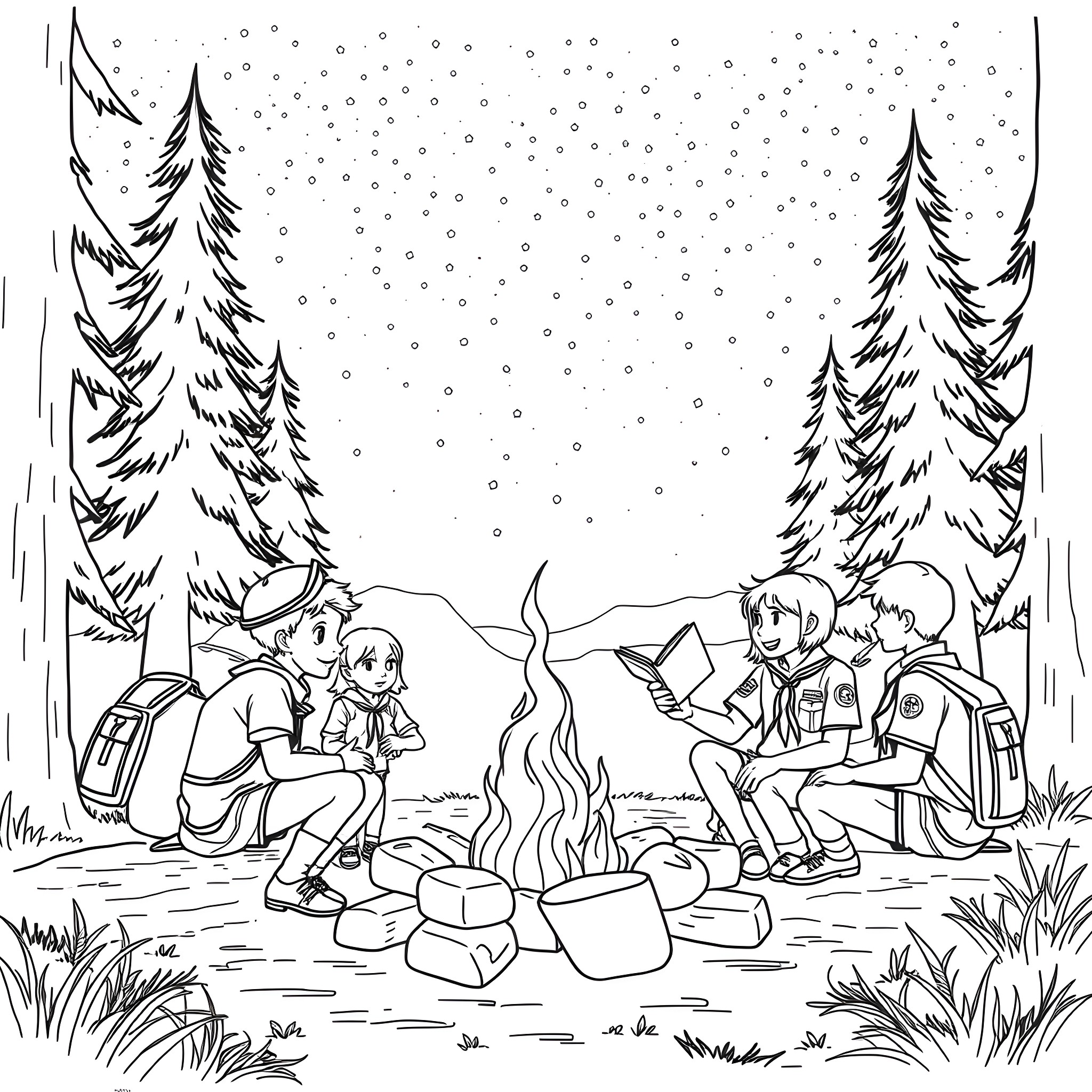 Scout Campfire Adventure in Snowy Forest Coloring Page (free black-and-white line drawing printable PDF for all, from beginners to advanced learners, including children, teens, adults, and seniors)