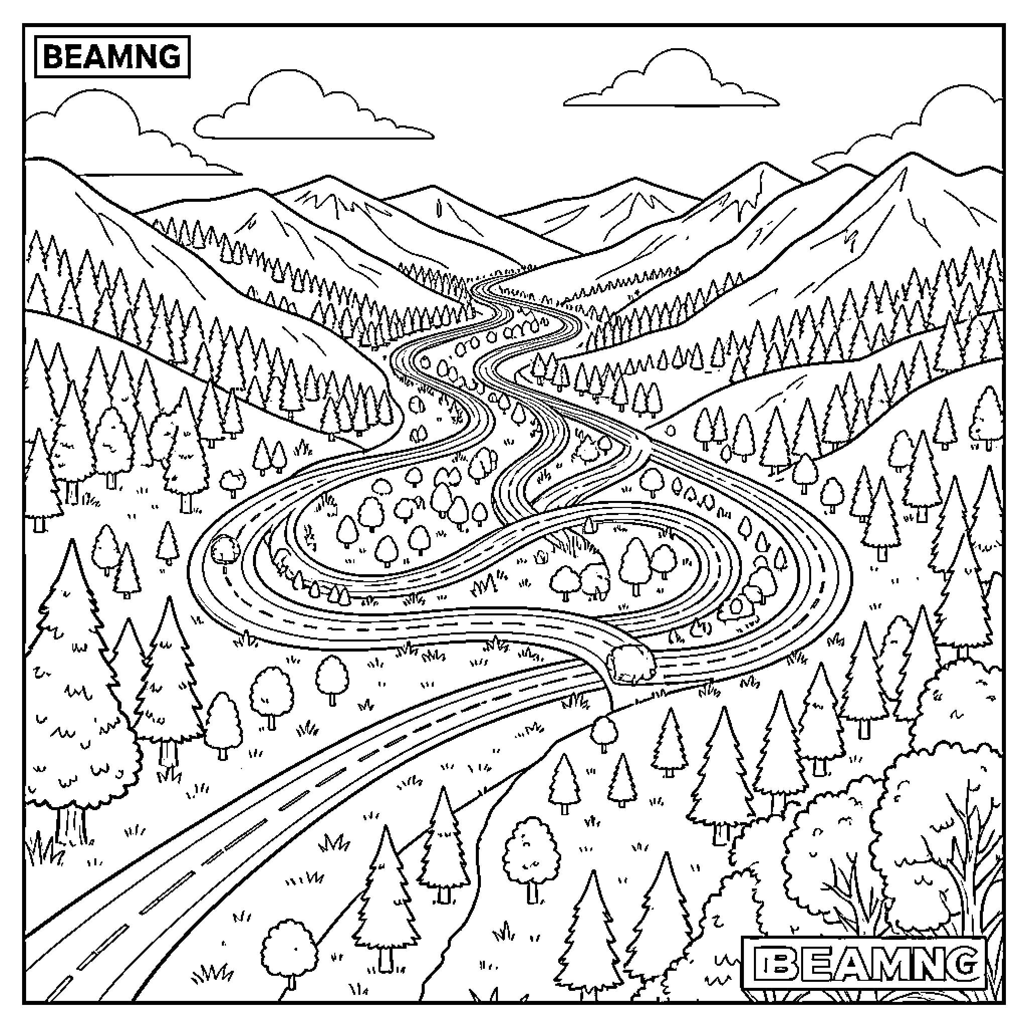 Bruckel's Winding Mountain Road Adventure Coloring Page (free black-and-white line drawing printable PDF for all, from beginners to advanced learners, including children, teens, adults, and seniors)