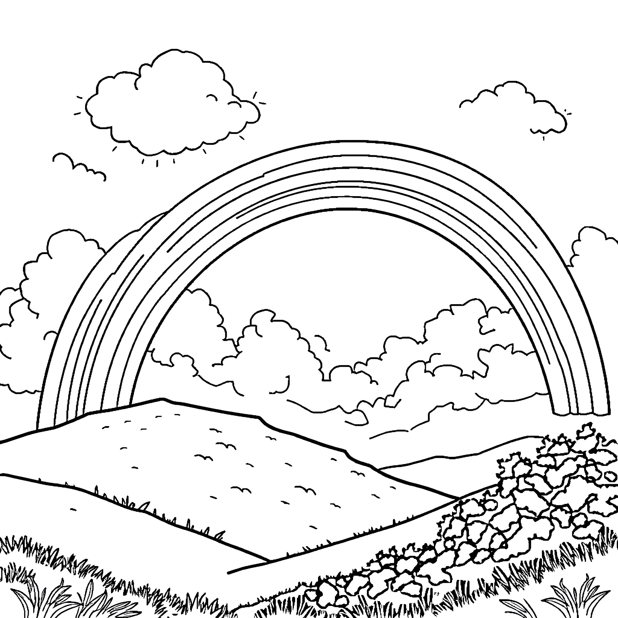 Rainbow over the rolling hills Coloring Page (free black-and-white line drawing printable PDF for all, from beginners to advanced learners, including children, teens, adults, and seniors)