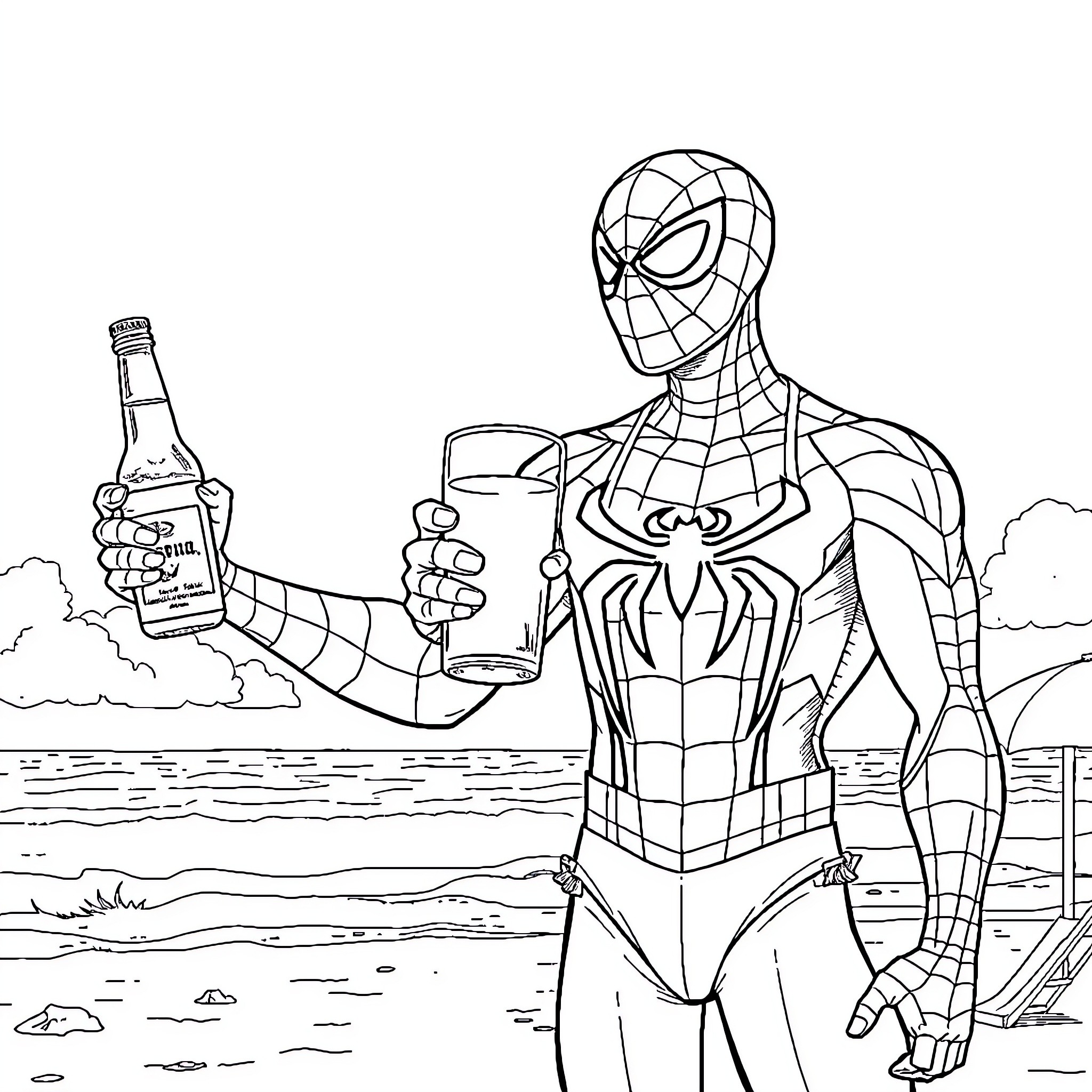 Spiderman relaxing on the beach with a drink Coloring Page (free black-and-white line drawing printable PDF for all, from beginners to advanced learners, including children, teens, adults, and seniors)