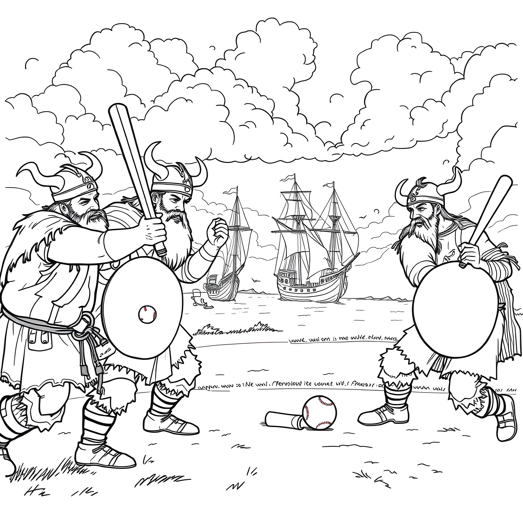 Viking warriors battling on the high seas Coloring Page (free black-and-white line drawing printable PDF for all, from beginners to advanced learners, including children, teens, adults, and seniors)