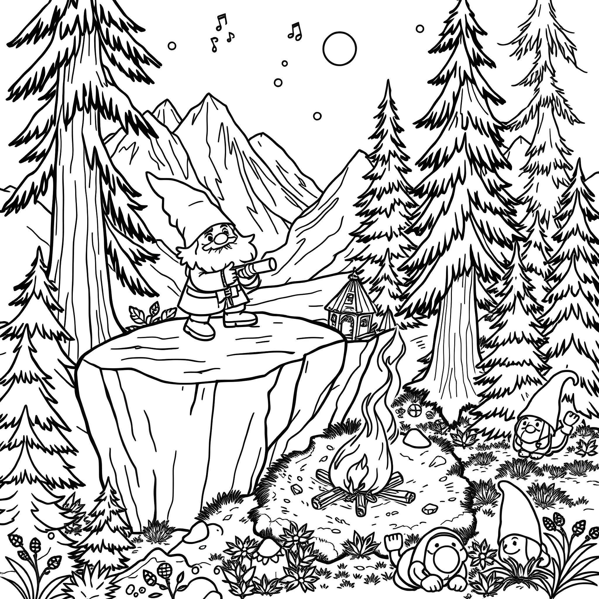 Gnome exploring the whimsical forest landscape Coloring Page (free black-and-white line drawing printable PDF for all, from beginners to advanced learners, including children, teens, adults, and seniors)
