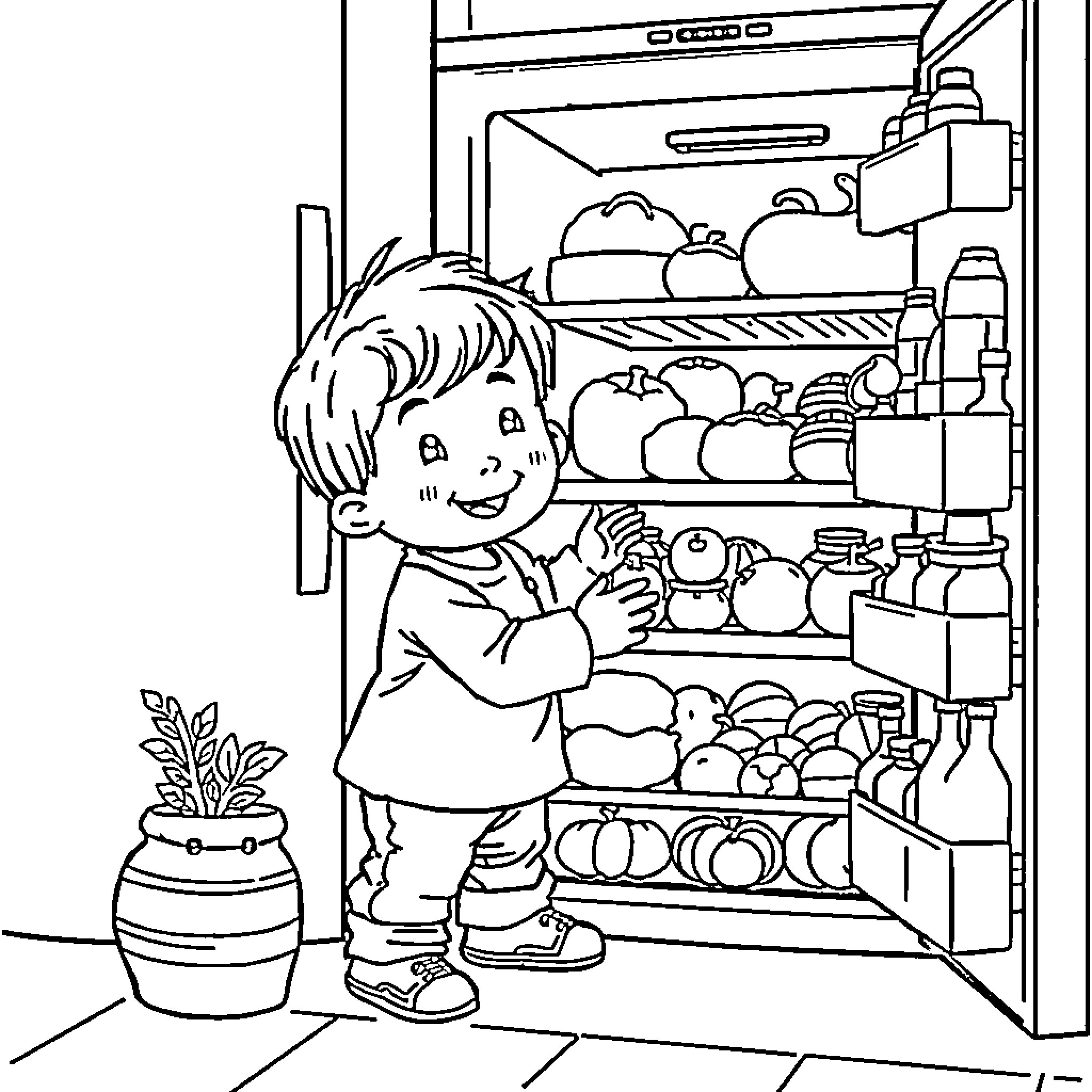 Toddler exploring the fridge full of food Coloring Page (free black-and-white line drawing printable PDF for all, from beginners to advanced learners, including children, teens, adults, and seniors)