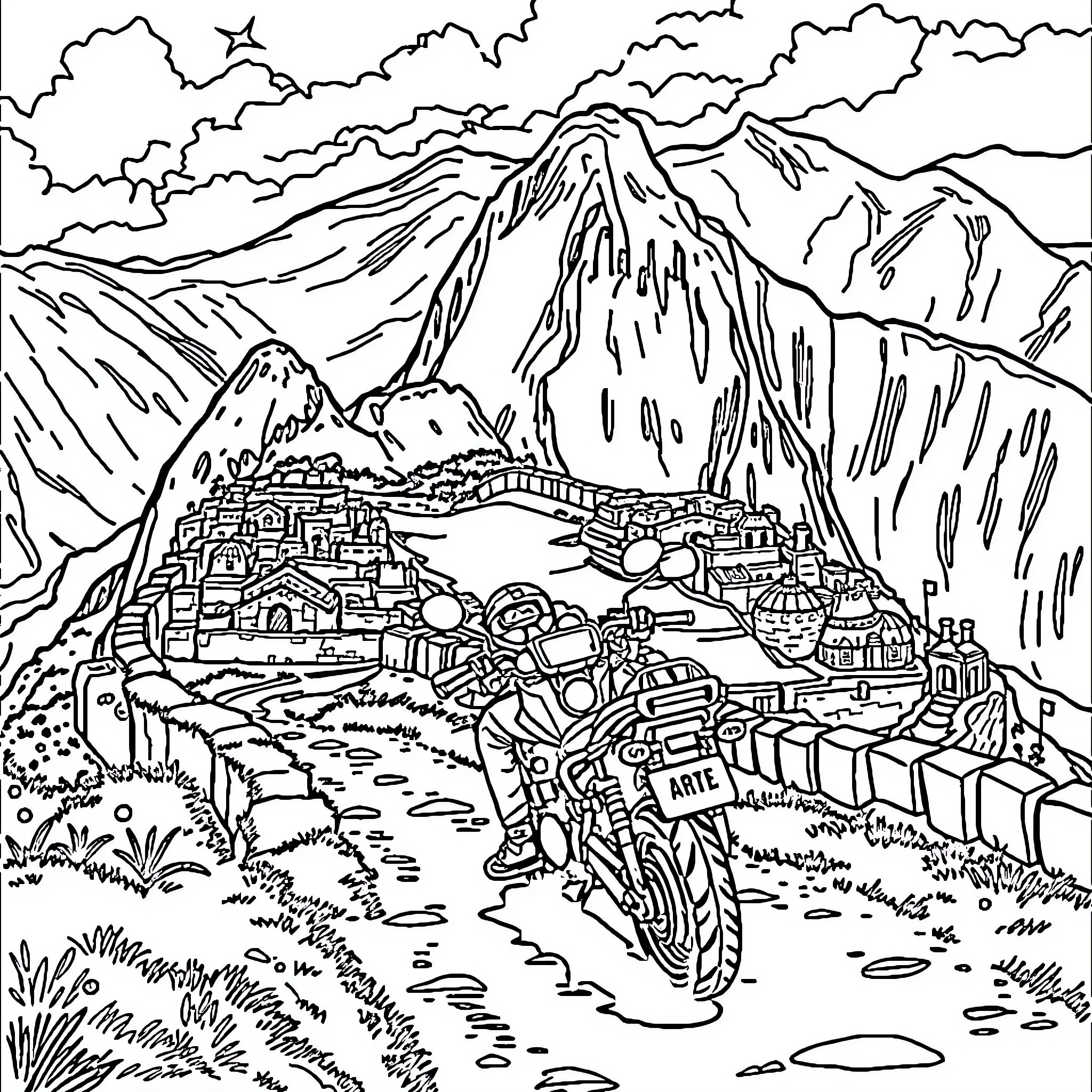 Motorcycle adventure through a mountain landscape Coloring Page (free black-and-white line drawing printable PDF for all, from beginners to advanced learners, including children, teens, adults, and seniors)