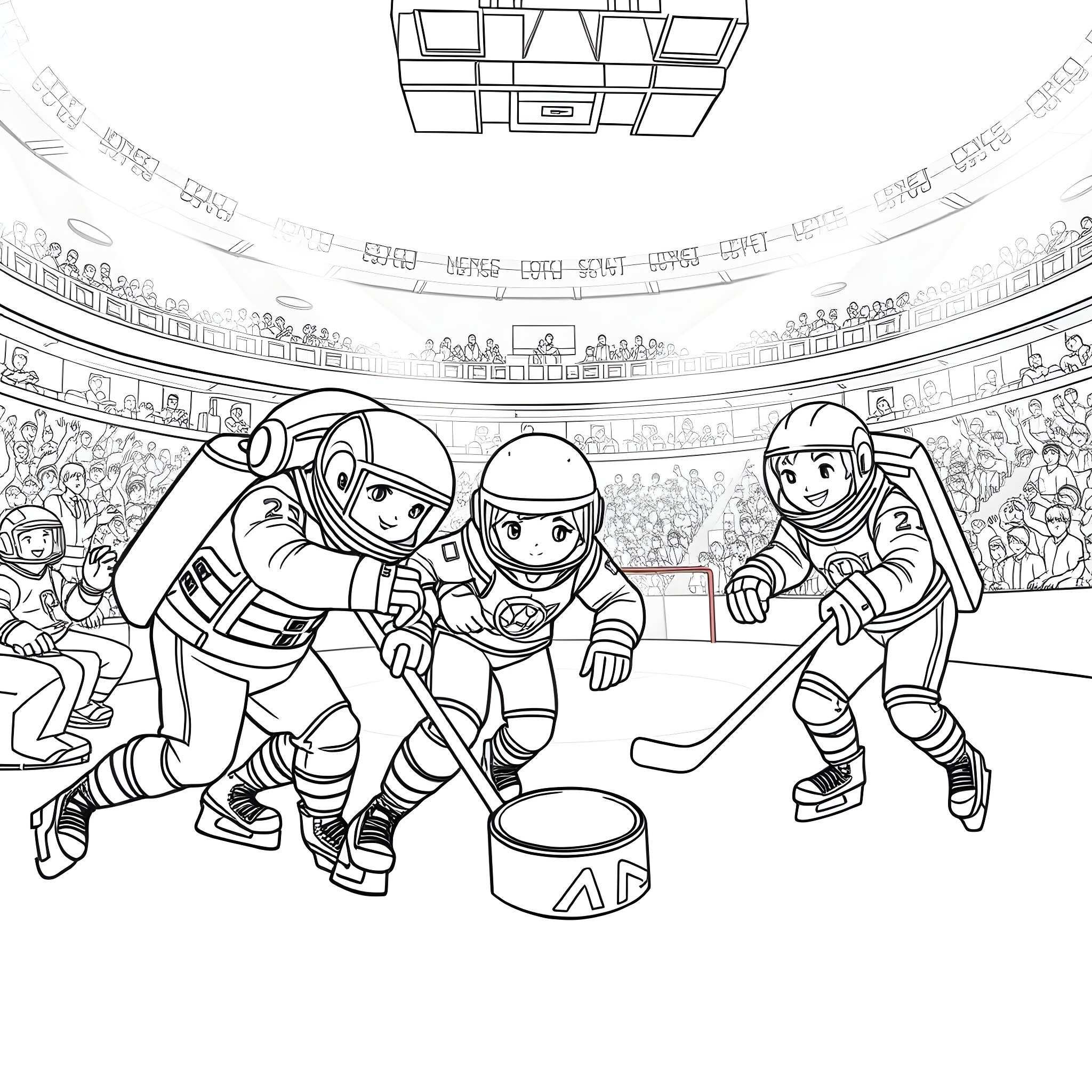 Among Us Players Competing in an Ice Hockey Match Coloring Page (free black-and-white line drawing printable PDF for all, from beginners to advanced learners, including children, teens, adults, and seniors)