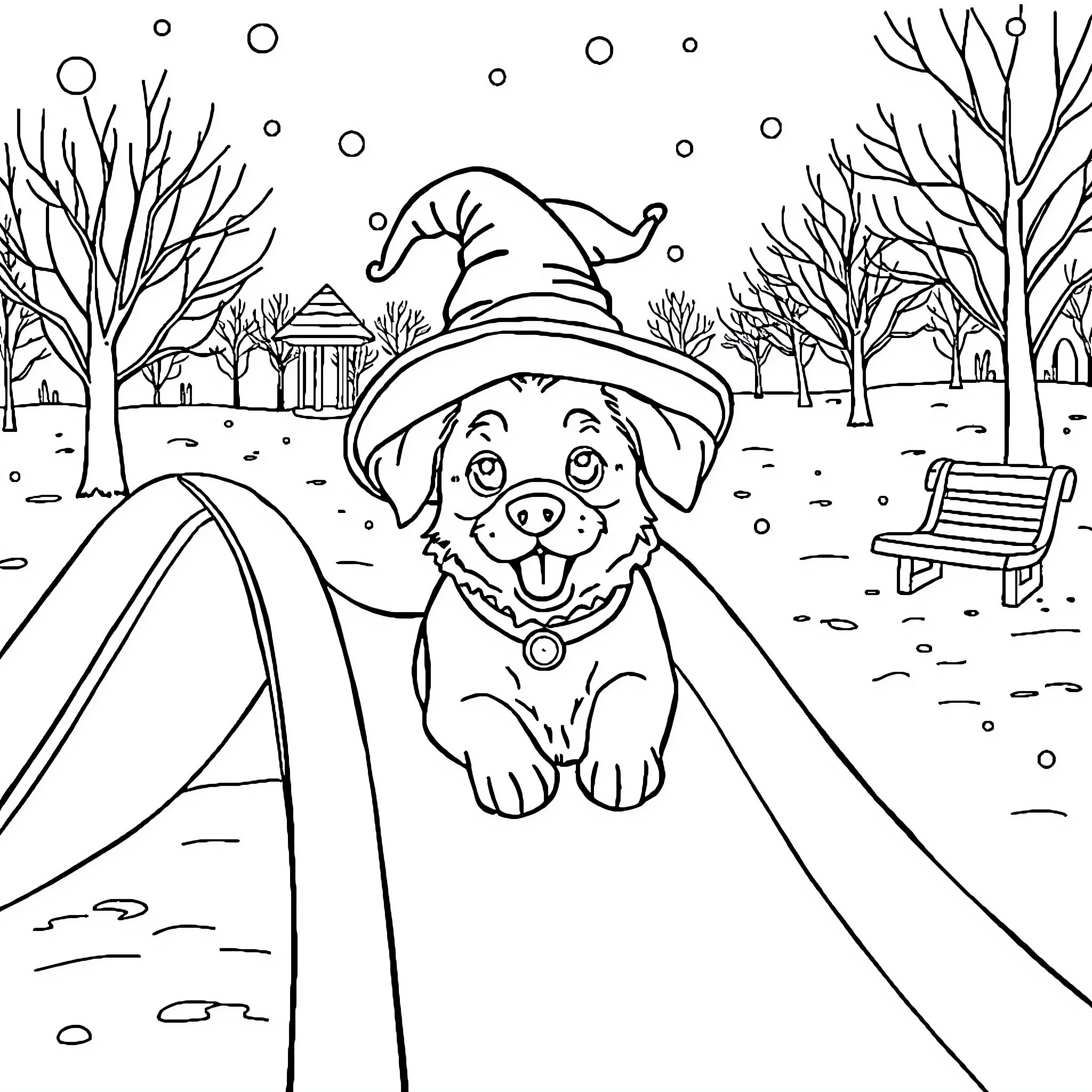 Dog Wearing Witch Hat in Winter Wonderland Coloring Page (free black-and-white line drawing printable PDF for all, from beginners to advanced learners, including children, teens, adults, and seniors)