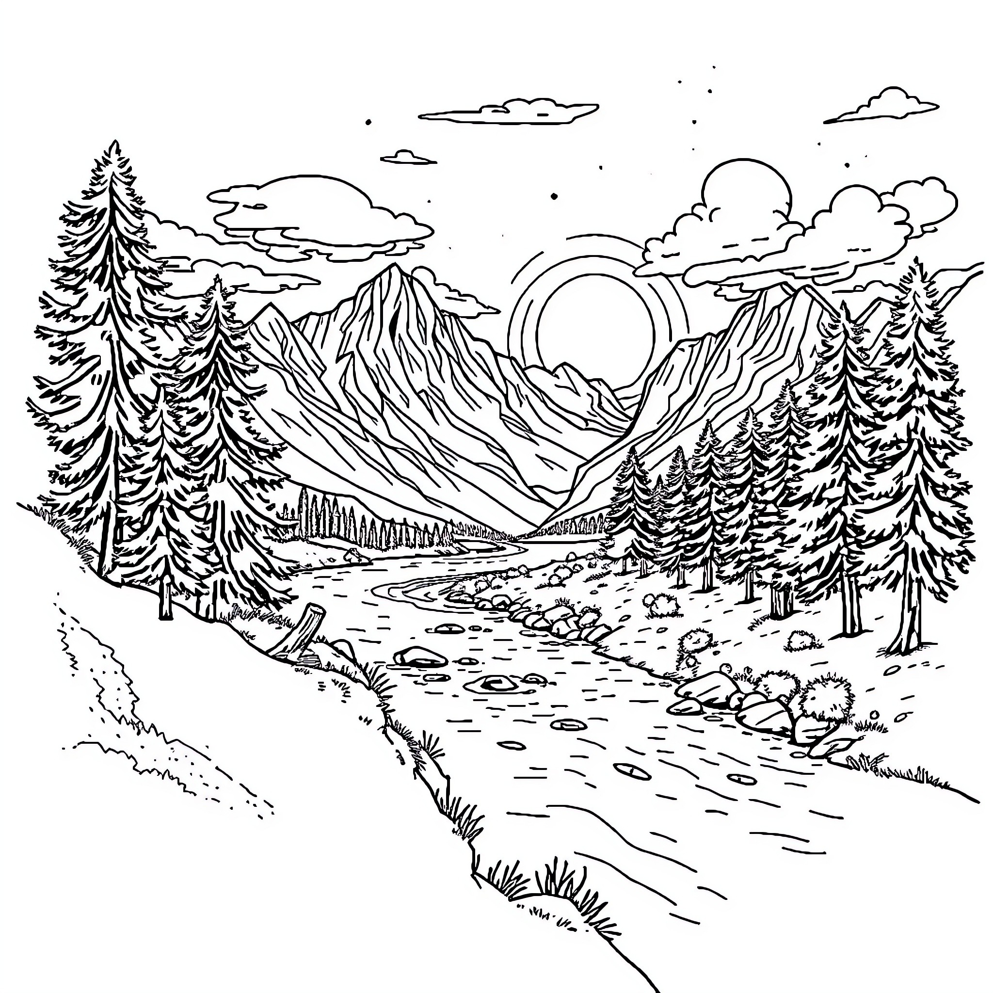 Landscape of a scenic mountain trail with pine trees Coloring Page (free black-and-white line drawing printable PDF for all, from beginners to advanced learners, including children, teens, adults, and seniors)