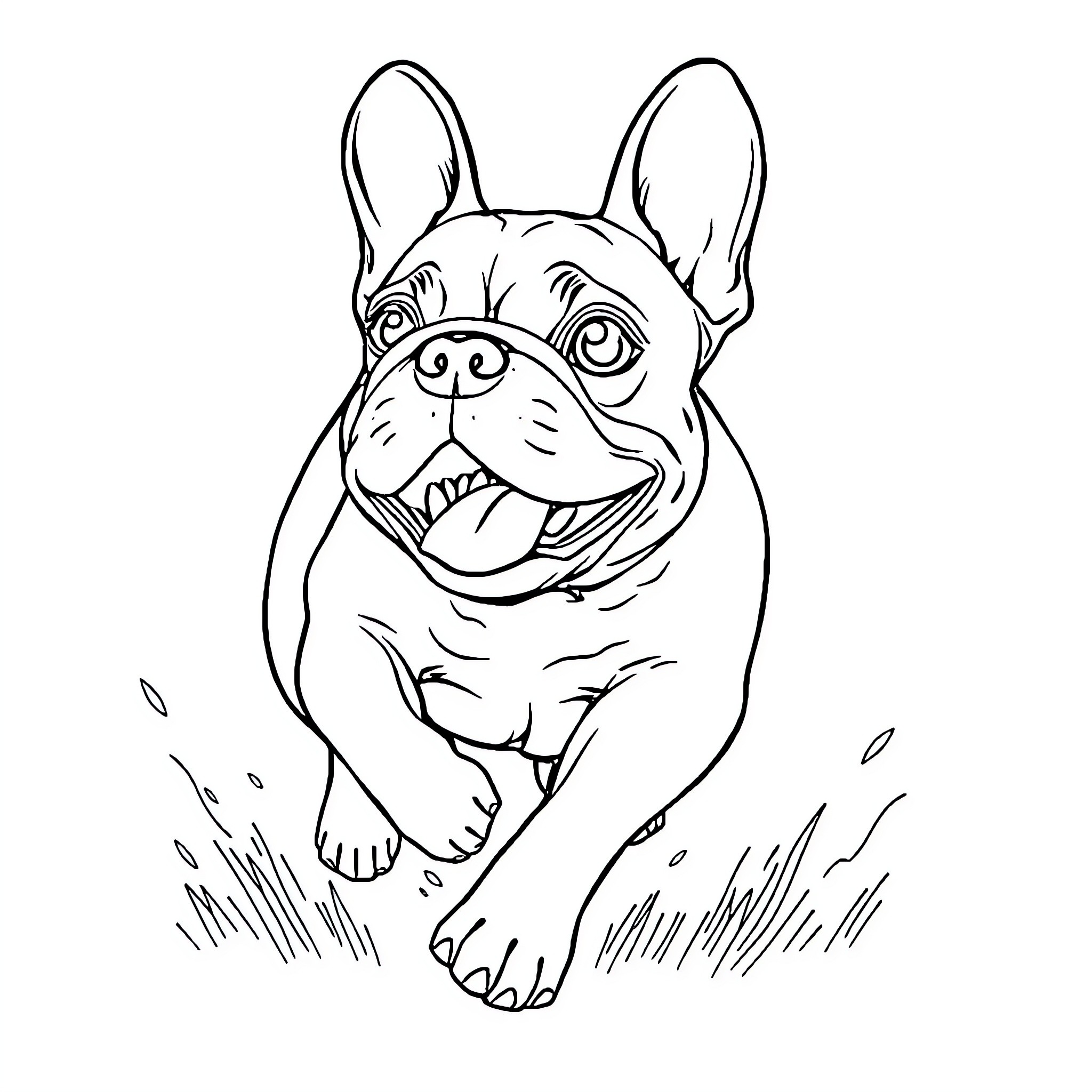 French Bulldog running happily in the field Coloring Page (free black-and-white line drawing printable PDF for all, from beginners to advanced learners, including children, teens, adults, and seniors)