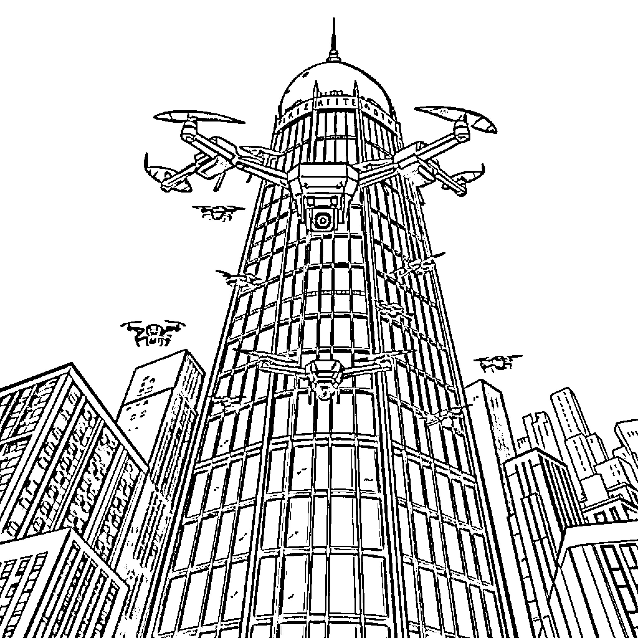 Drone Surveillance of Futuristic Metropolis Coloring Page (free black-and-white line drawing printable PDF for all, from beginners to advanced learners, including children, teens, adults, and seniors)