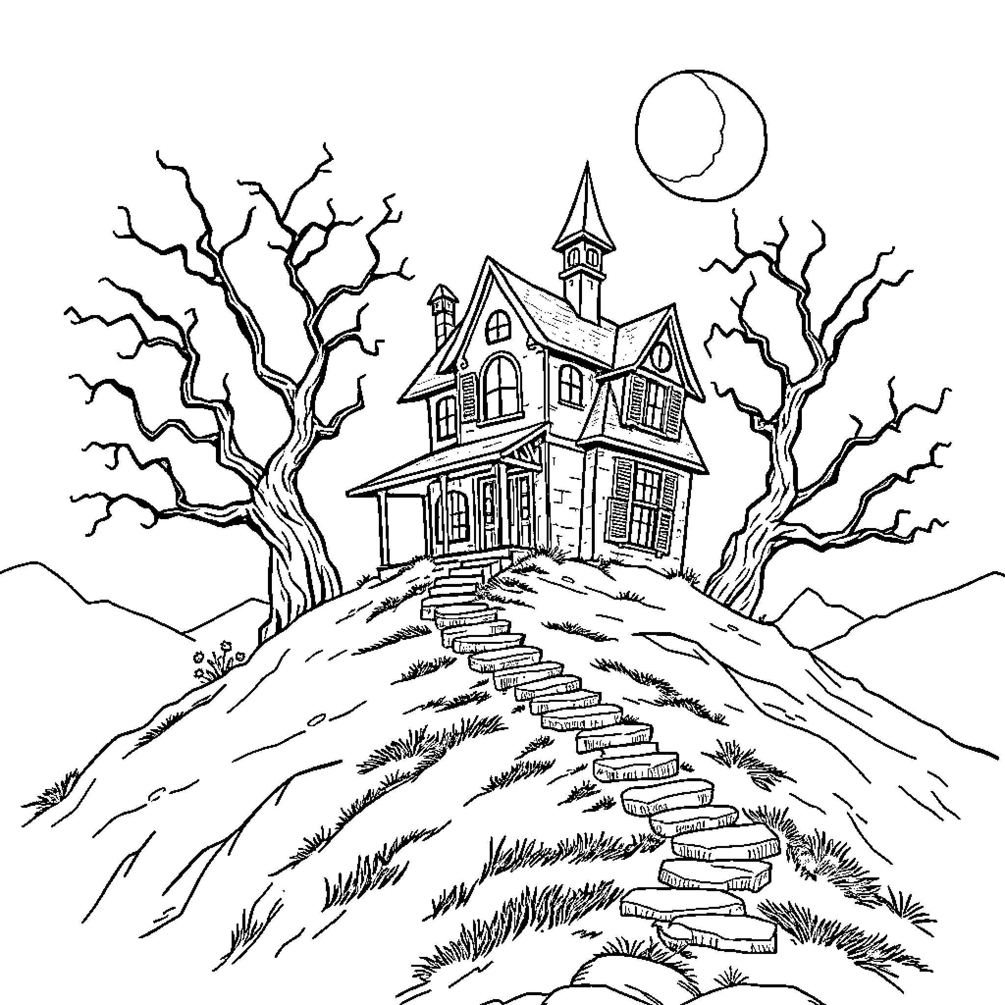 Haunted House on Spooky Hill under Ominous Moon Coloring Page (free black-and-white line drawing printable PDF for all, from beginners to advanced learners, including children, teens, adults, and seniors)