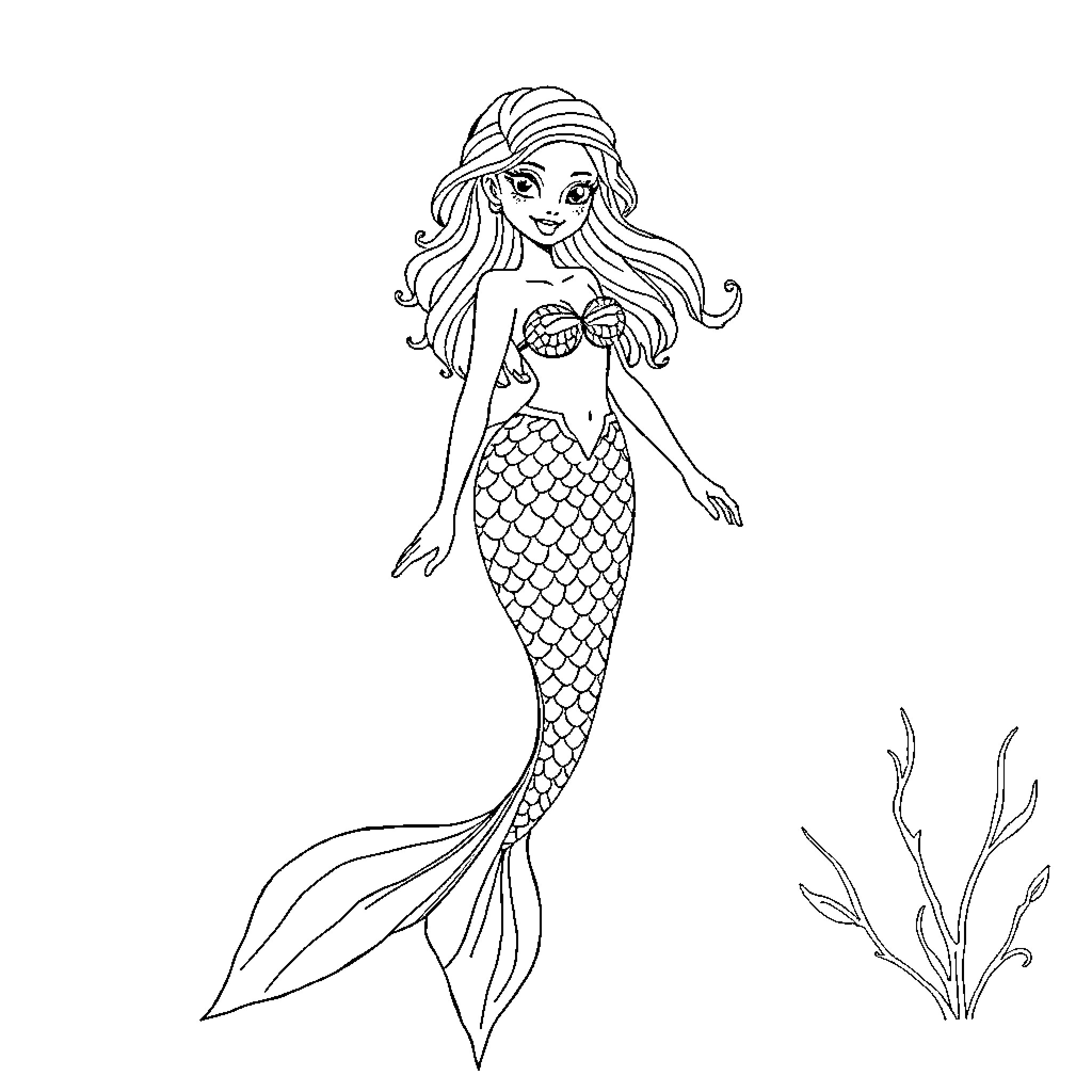Mermaid swimming gracefully in the ocean Coloring Page (free black-and-white line drawing printable PDF for all, from beginners to advanced learners, including children, teens, adults, and seniors)