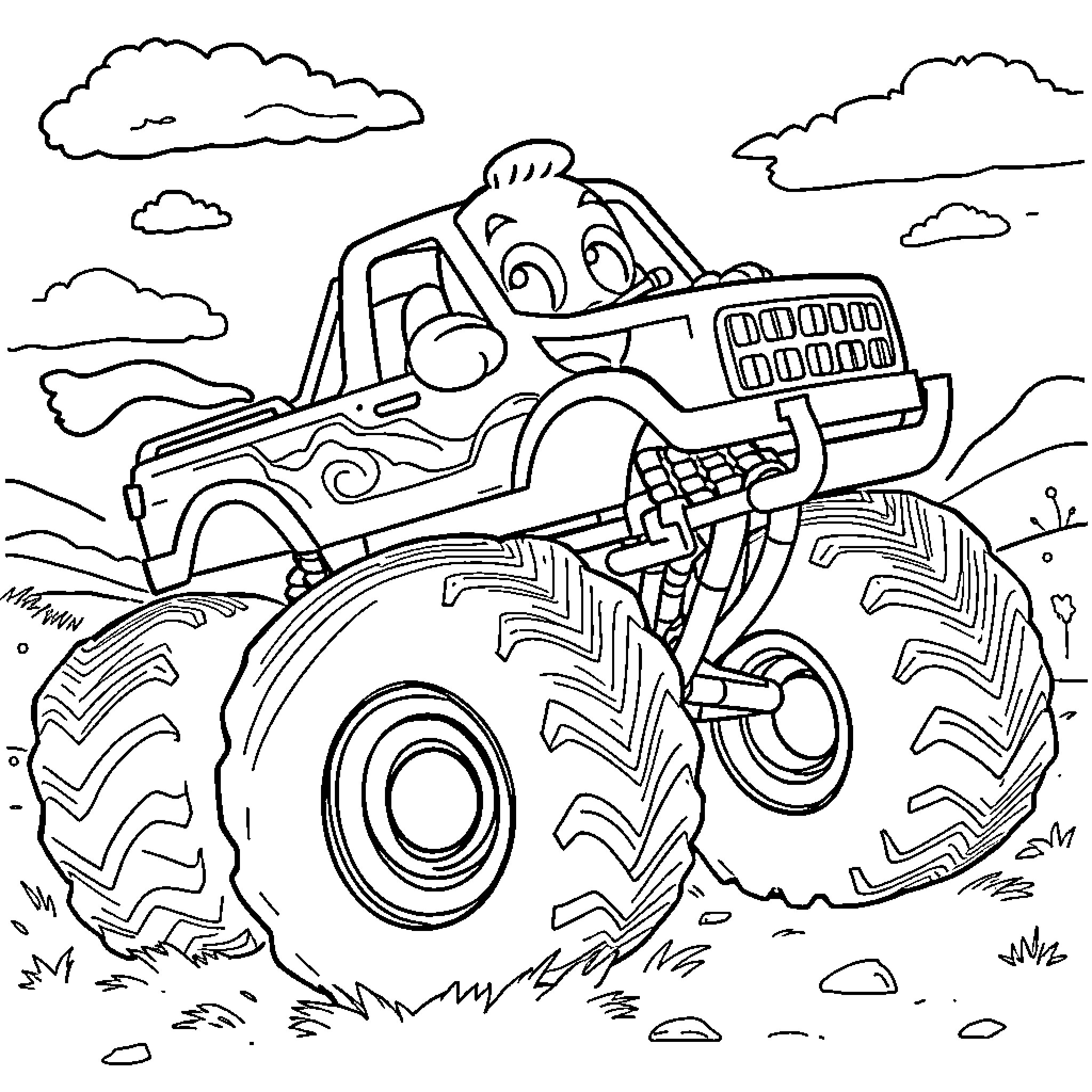 Bluey's Monster Truck Adventure Coloring Page (free black-and-white line drawing printable PDF for all, from beginners to advanced learners, including children, teens, adults, and seniors)