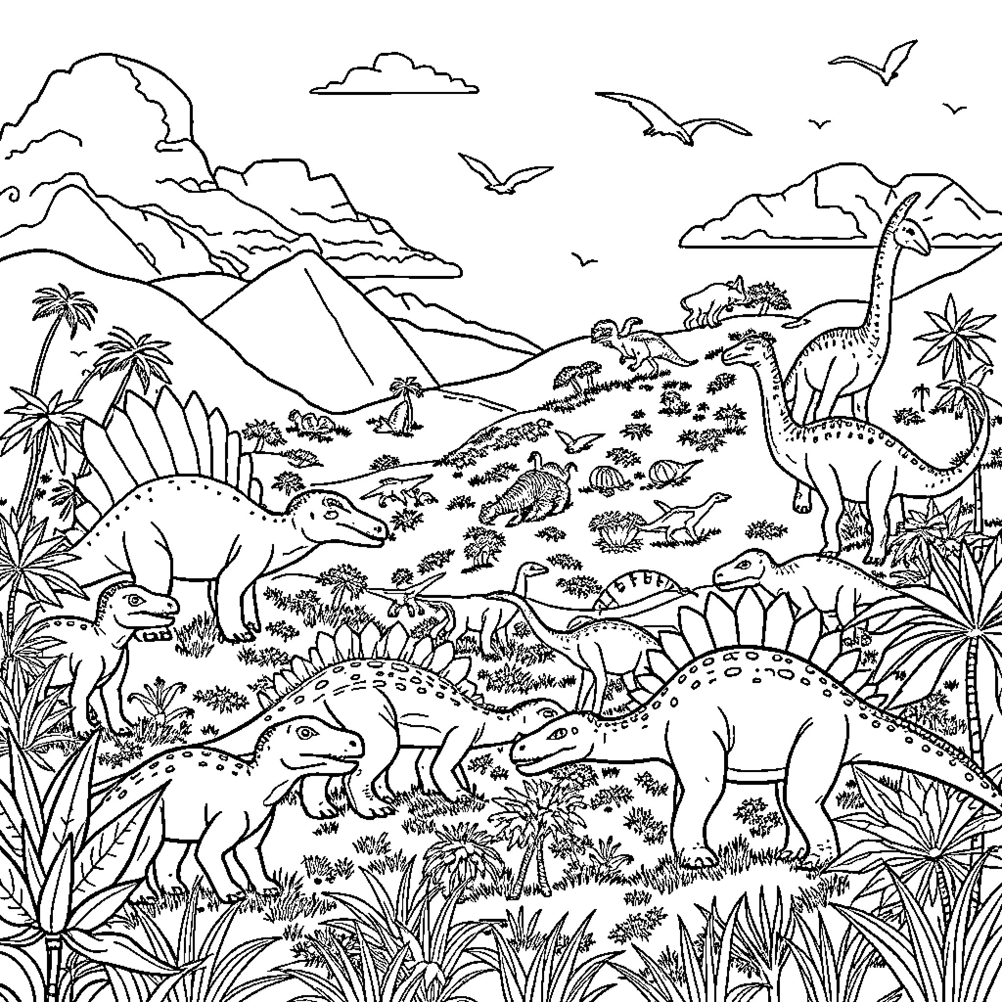 Dinosaurs roaming a prehistoric landscape Coloring Page (free black-and-white line drawing printable PDF for all, from beginners to advanced learners, including children, teens, adults, and seniors)