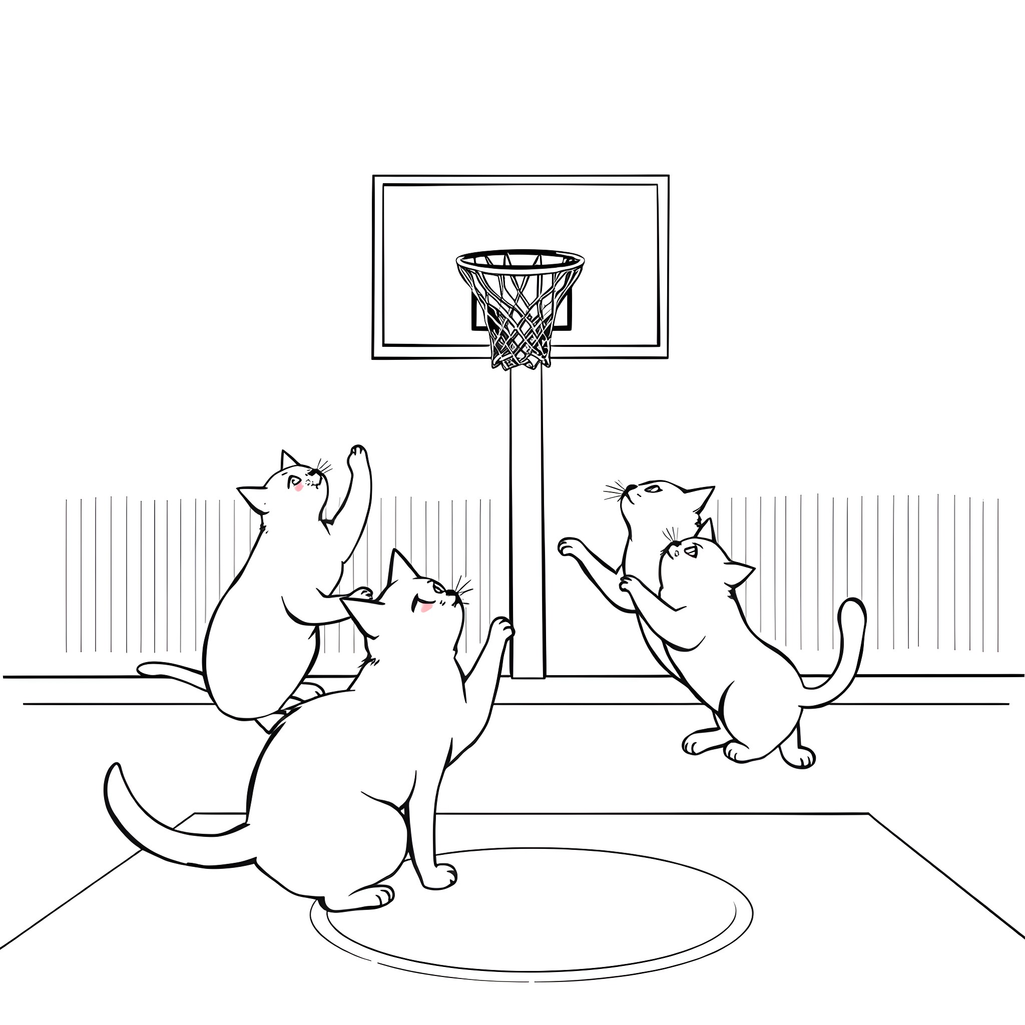 Cats playing basketball in the court Coloring Page (free black-and-white line drawing printable PDF for all, from beginners to advanced learners, including children, teens, adults, and seniors)
