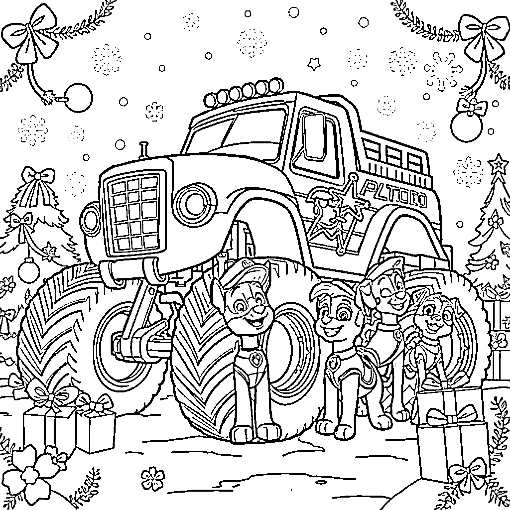 Monster Truck Spreading Christmas Cheer with Adorable Puppies Coloring Page (free black-and-white line drawing printable PDF for all, from beginners to advanced learners, including children, teens, adults, and seniors)