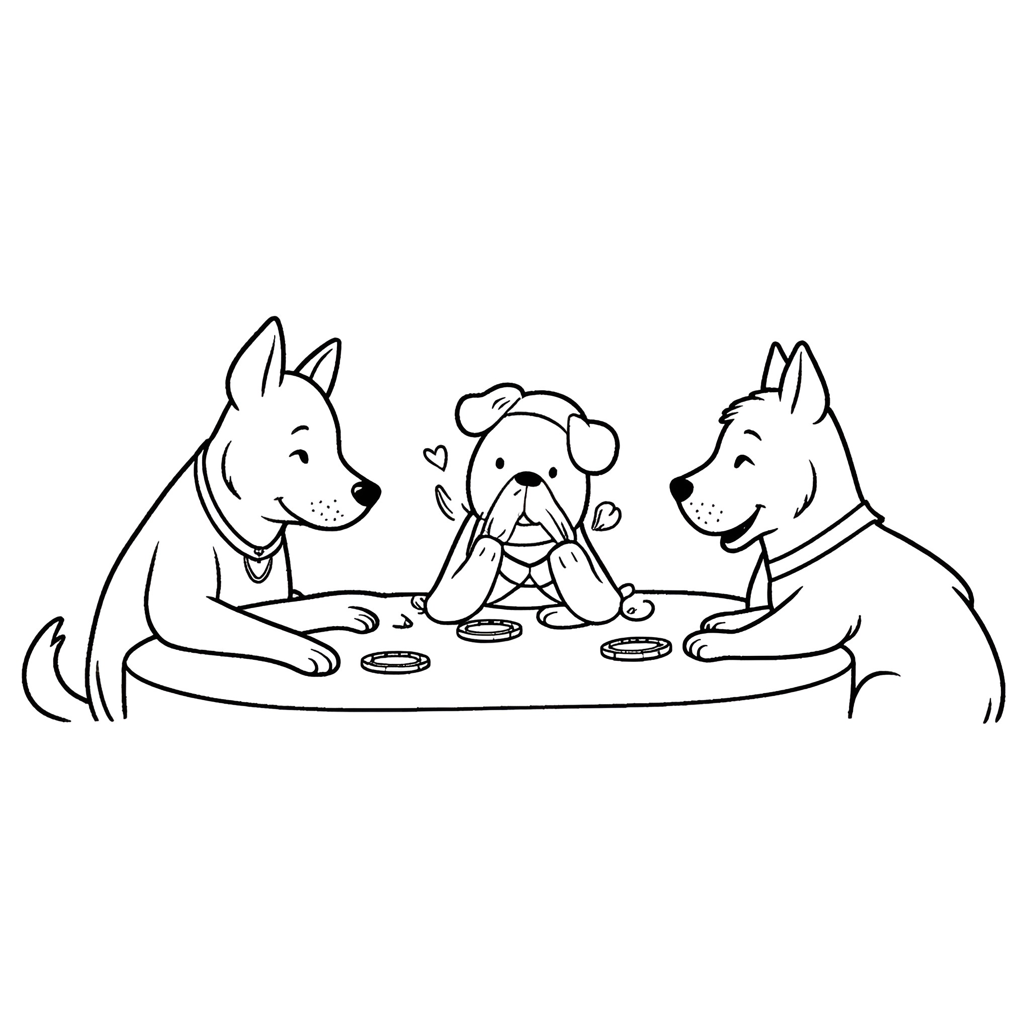 Dog friends sharing treats on the table Coloring Page (free black-and-white line drawing printable PDF for all, from beginners to advanced learners, including children, teens, adults, and seniors)