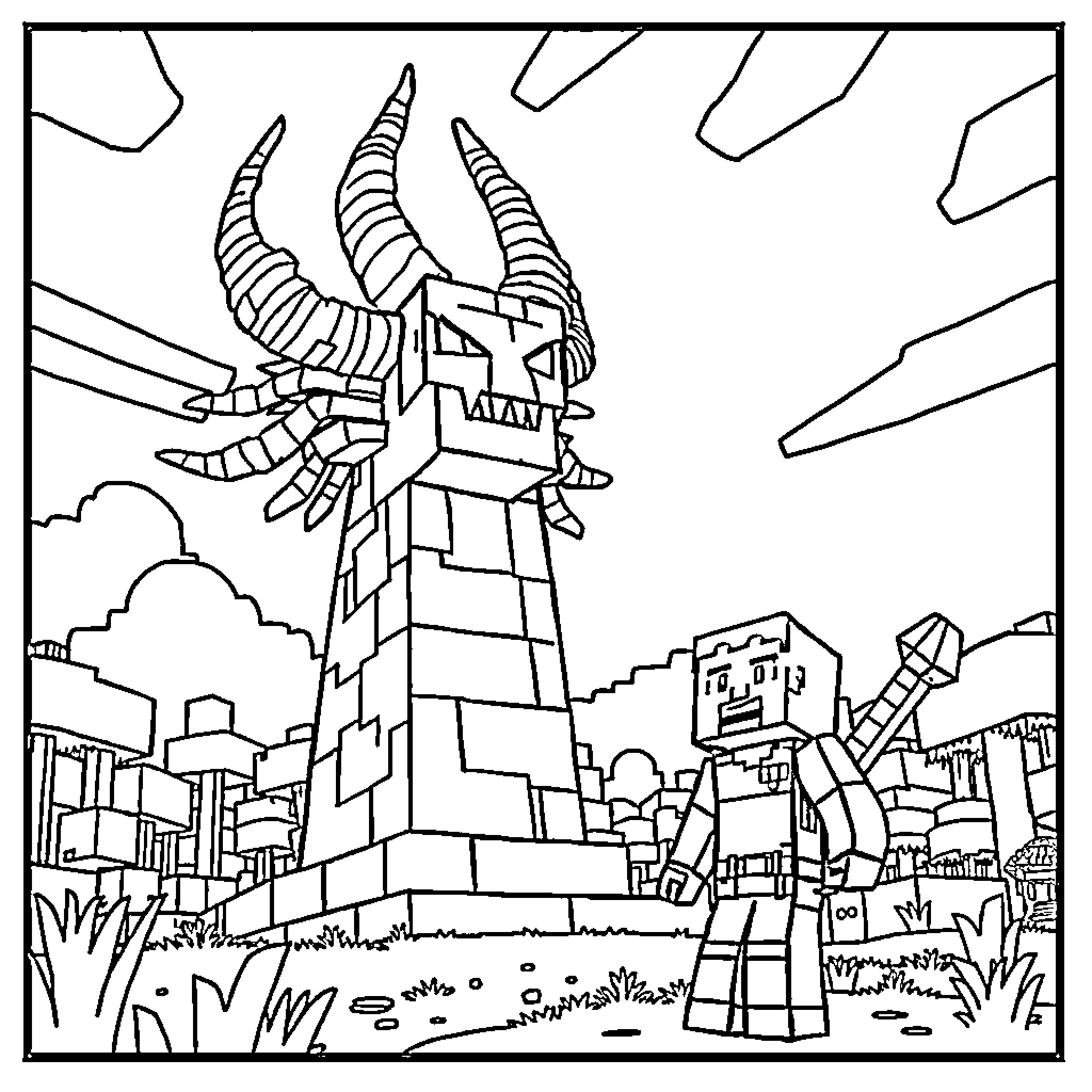Siren Head emerging from a ruined city Coloring Page (free black-and-white line drawing printable PDF for all, from beginners to advanced learners, including children, teens, adults, and seniors)