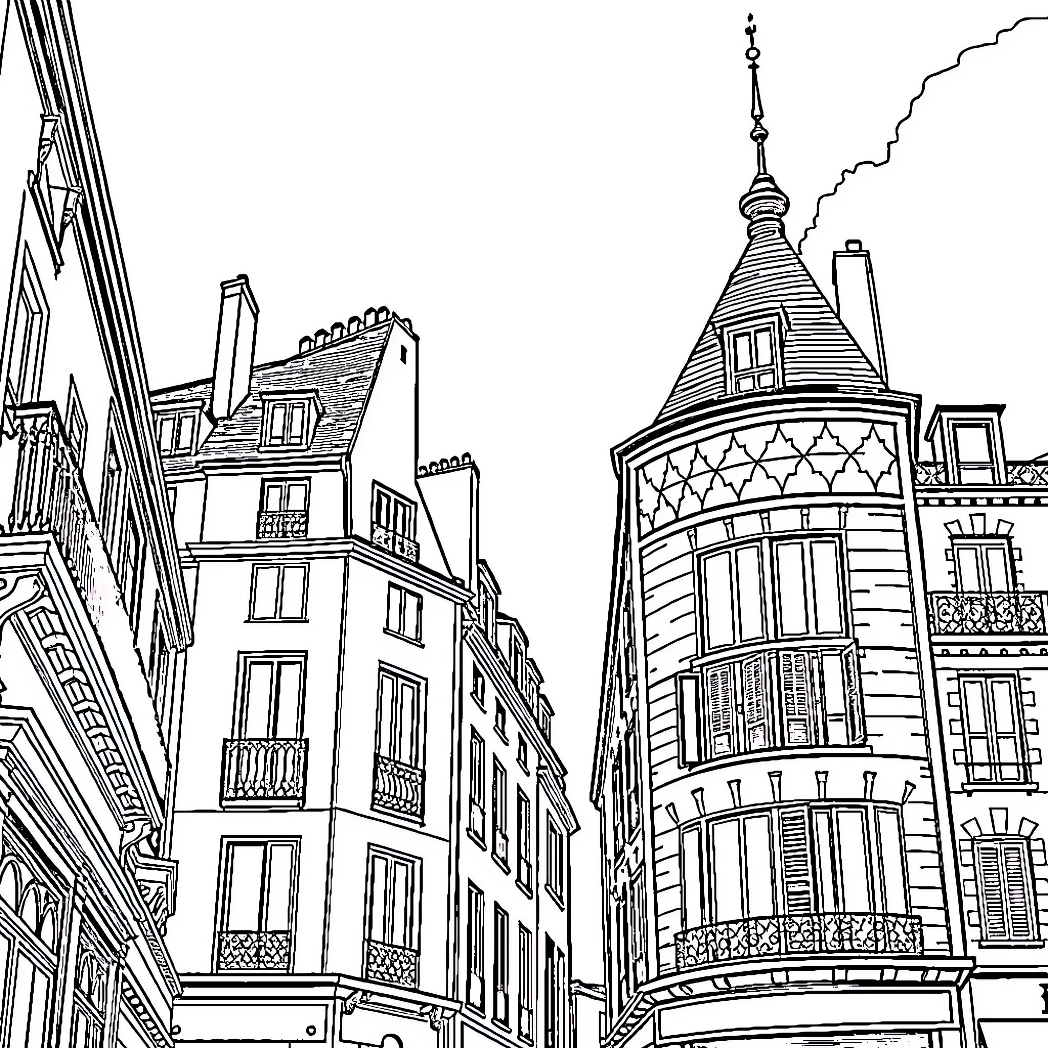Paris Roofs with Ornate Architecture and Unique Designs Coloring Page (free black-and-white line drawing printable PDF for all, from beginners to advanced learners, including children, teens, adults, and seniors)