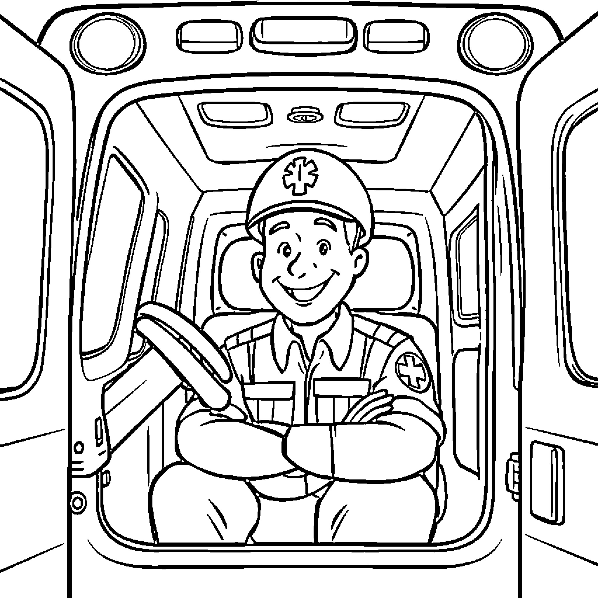 Paramedic smiling inside ambulance vehicle Coloring Page (free black-and-white line drawing printable PDF for all, from beginners to advanced learners, including children, teens, adults, and seniors)