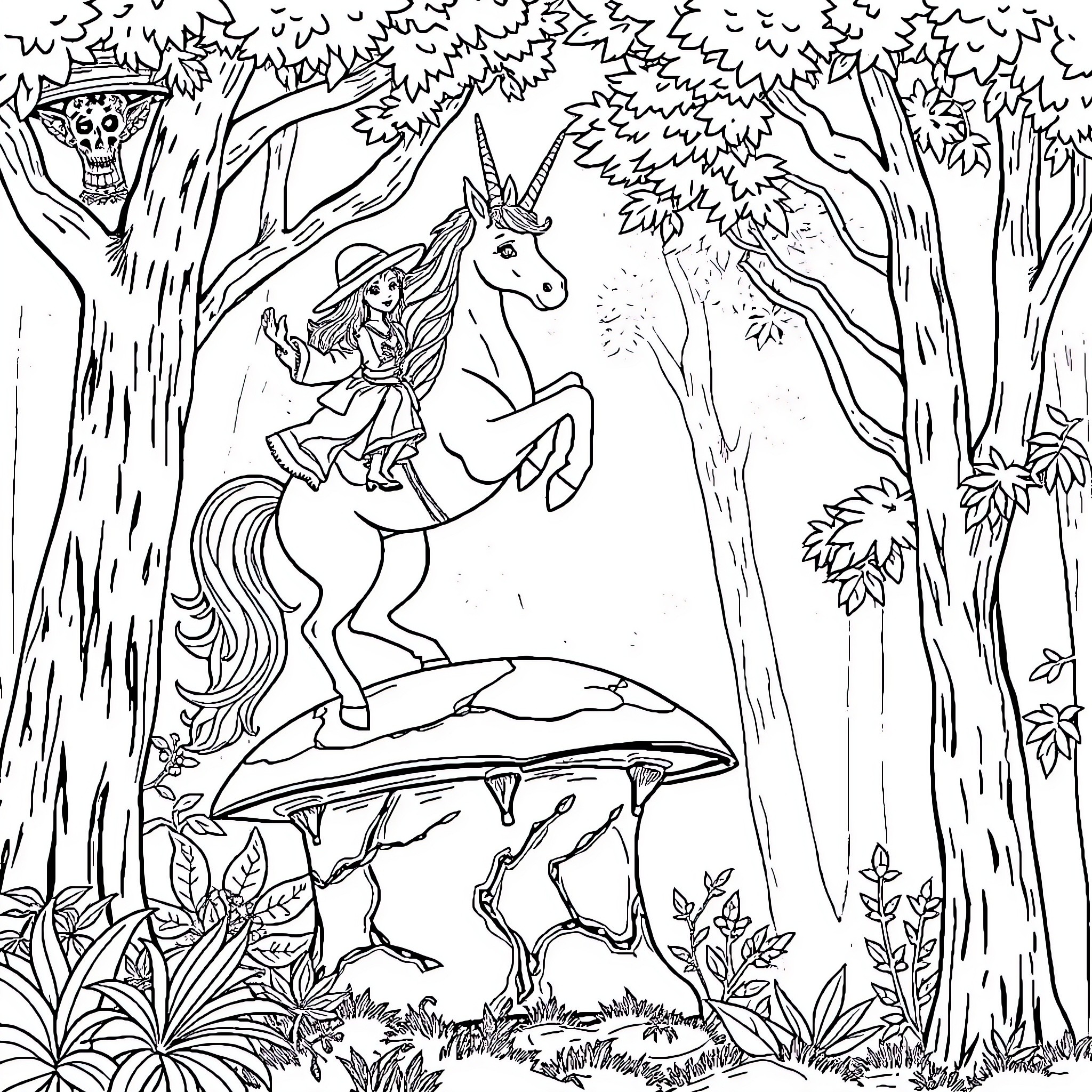 Unicorn riding through the enchanted forest Coloring Page (free black-and-white line drawing printable PDF for all, from beginners to advanced learners, including children, teens, adults, and seniors)