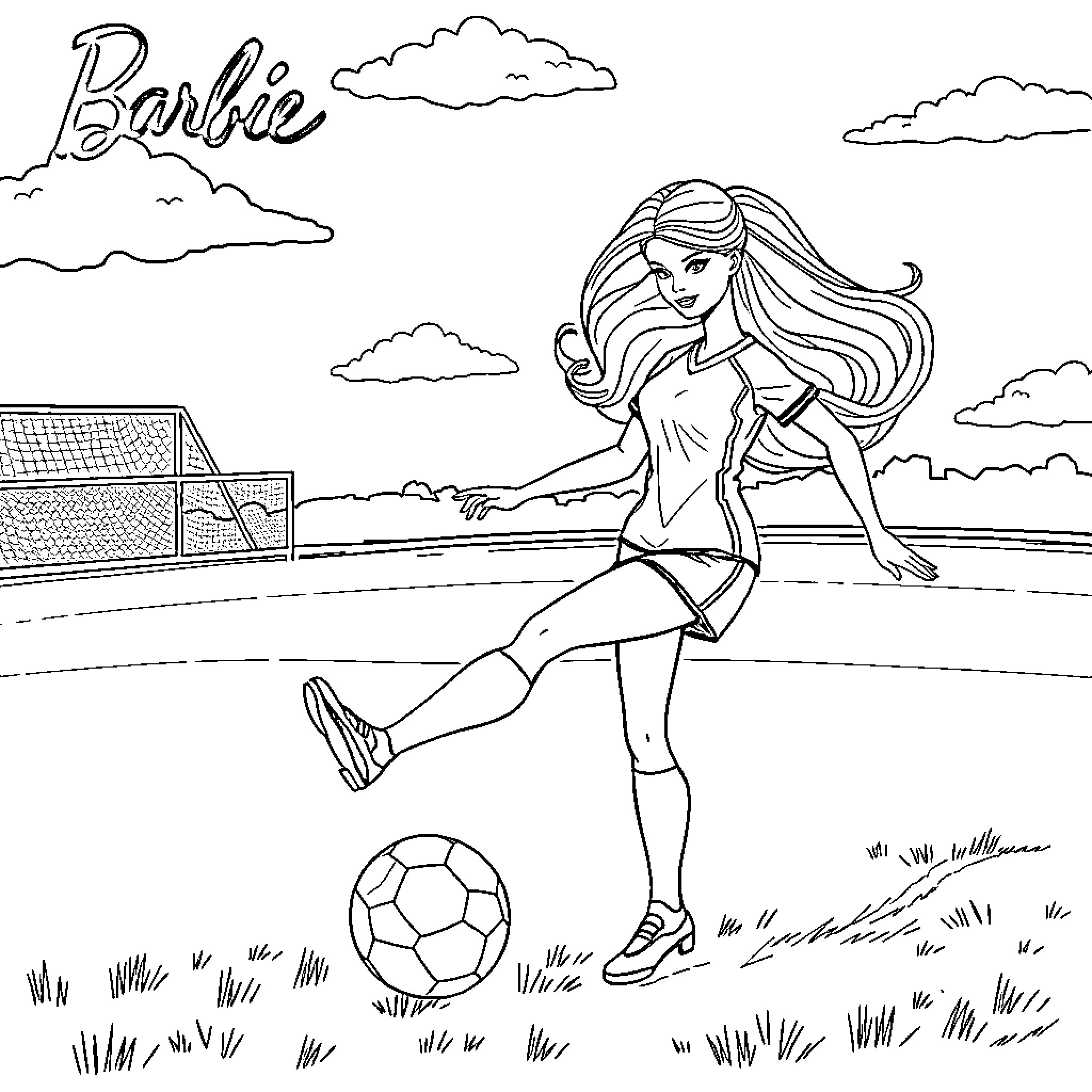 Barbie playing soccer in the park Coloring Page (free black-and-white line drawing printable PDF for all, from beginners to advanced learners, including children, teens, adults, and seniors)