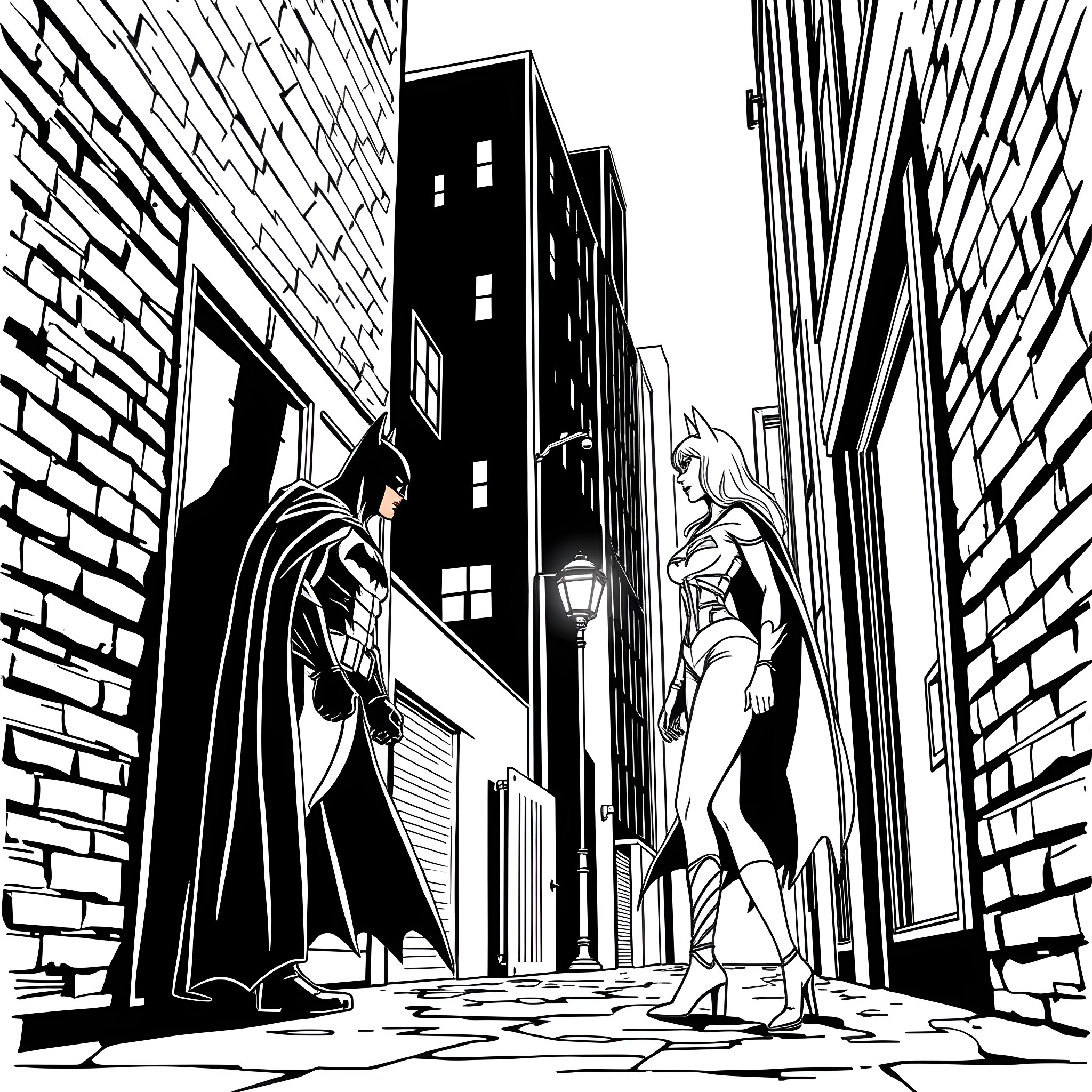 Batman and his sidekick in a dark urban setting Coloring Page (free black-and-white line drawing printable PDF for all, from beginners to advanced learners, including children, teens, adults, and seniors)