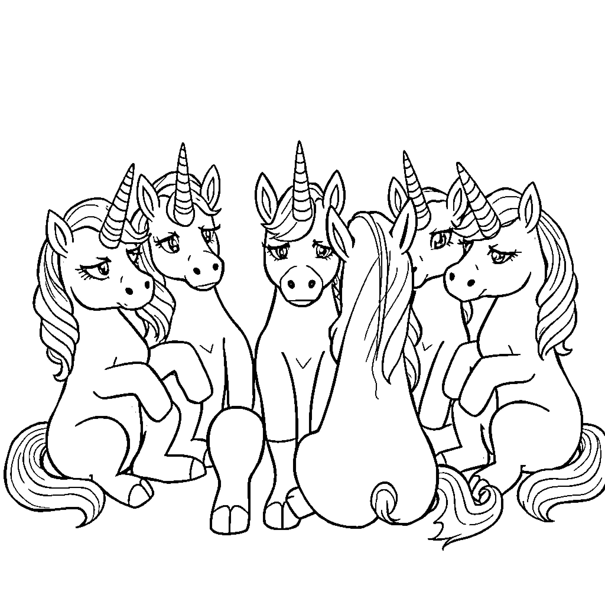 Unicorn friends enjoying a playful gathering Coloring Page (free black-and-white line drawing printable PDF for all, from beginners to advanced learners, including children, teens, adults, and seniors)