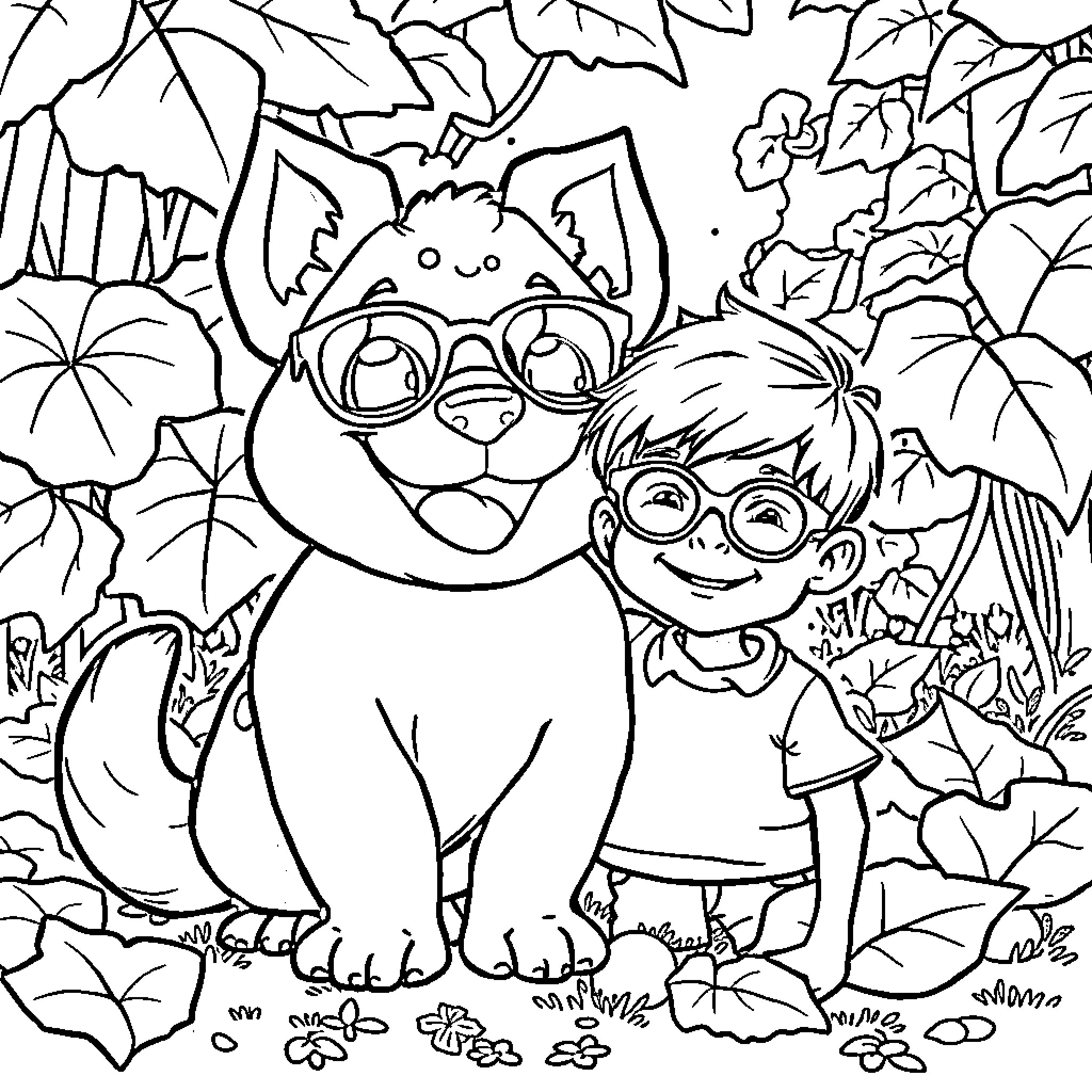 Bulbasaur and a boy exploring the jungle Coloring Page (free black-and-white line drawing printable PDF for all, from beginners to advanced learners, including children, teens, adults, and seniors)