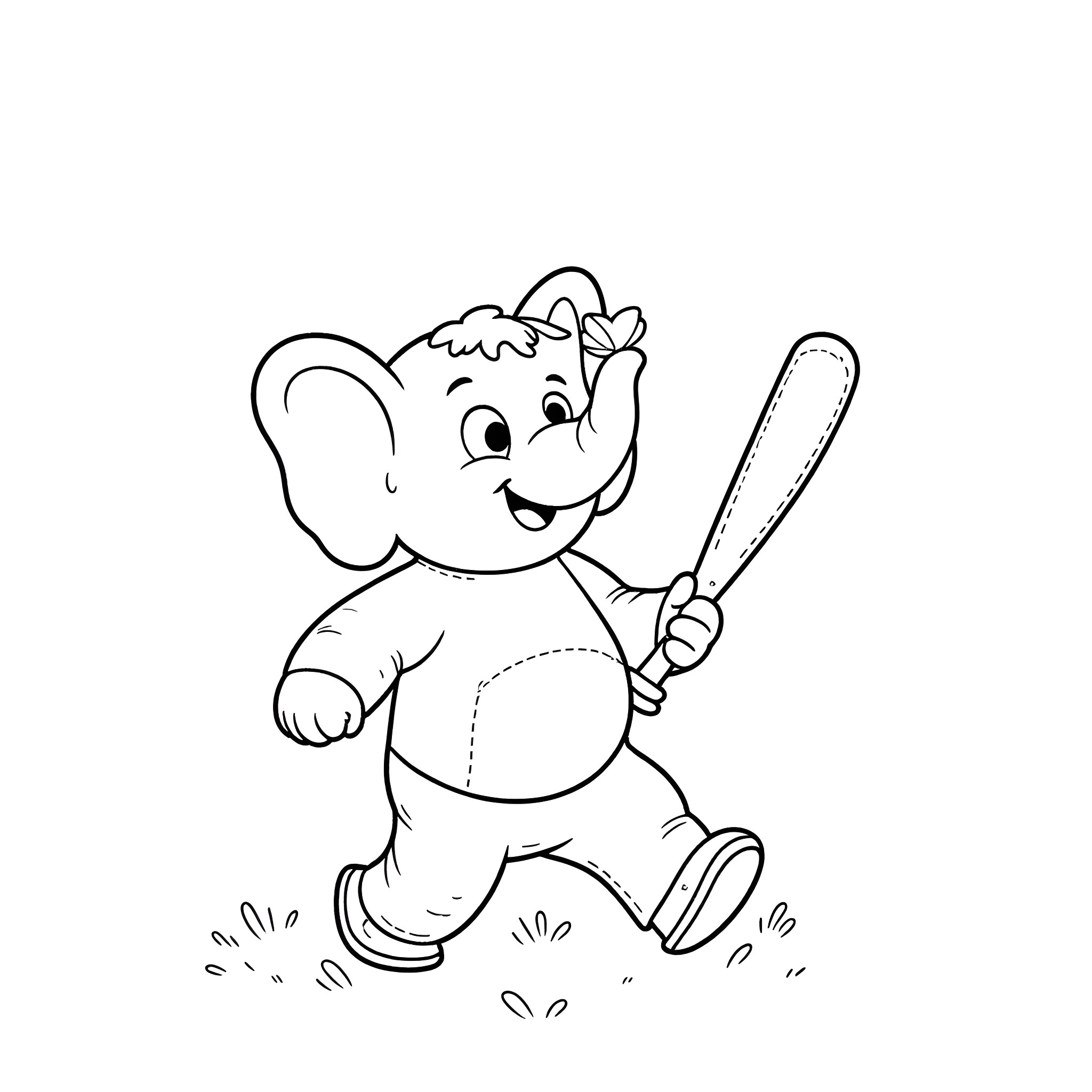 Elephant playing happily with a bat in the park Coloring Page (free black-and-white line drawing printable PDF for all, from beginners to advanced learners, including children, teens, adults, and seniors)