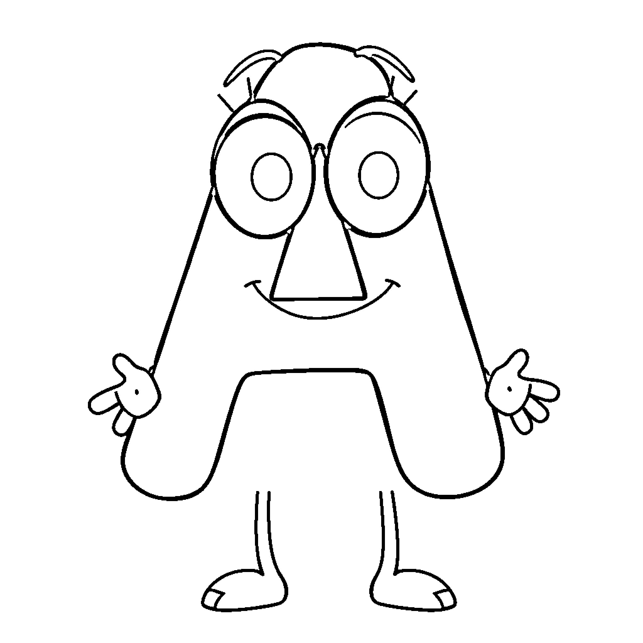 Letter A Cartoon Monster with Funny Expression Coloring Page (free black-and-white line drawing printable PDF for all, from beginners to advanced learners, including children, teens, adults, and seniors)