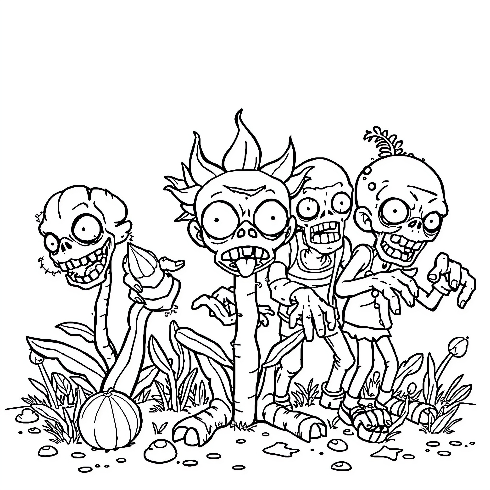 Plant vs Zombie Group in Cartoon Outfits Coloring Page (free black-and-white line drawing printable PDF for all, from beginners to advanced learners, including children, teens, adults, and seniors)