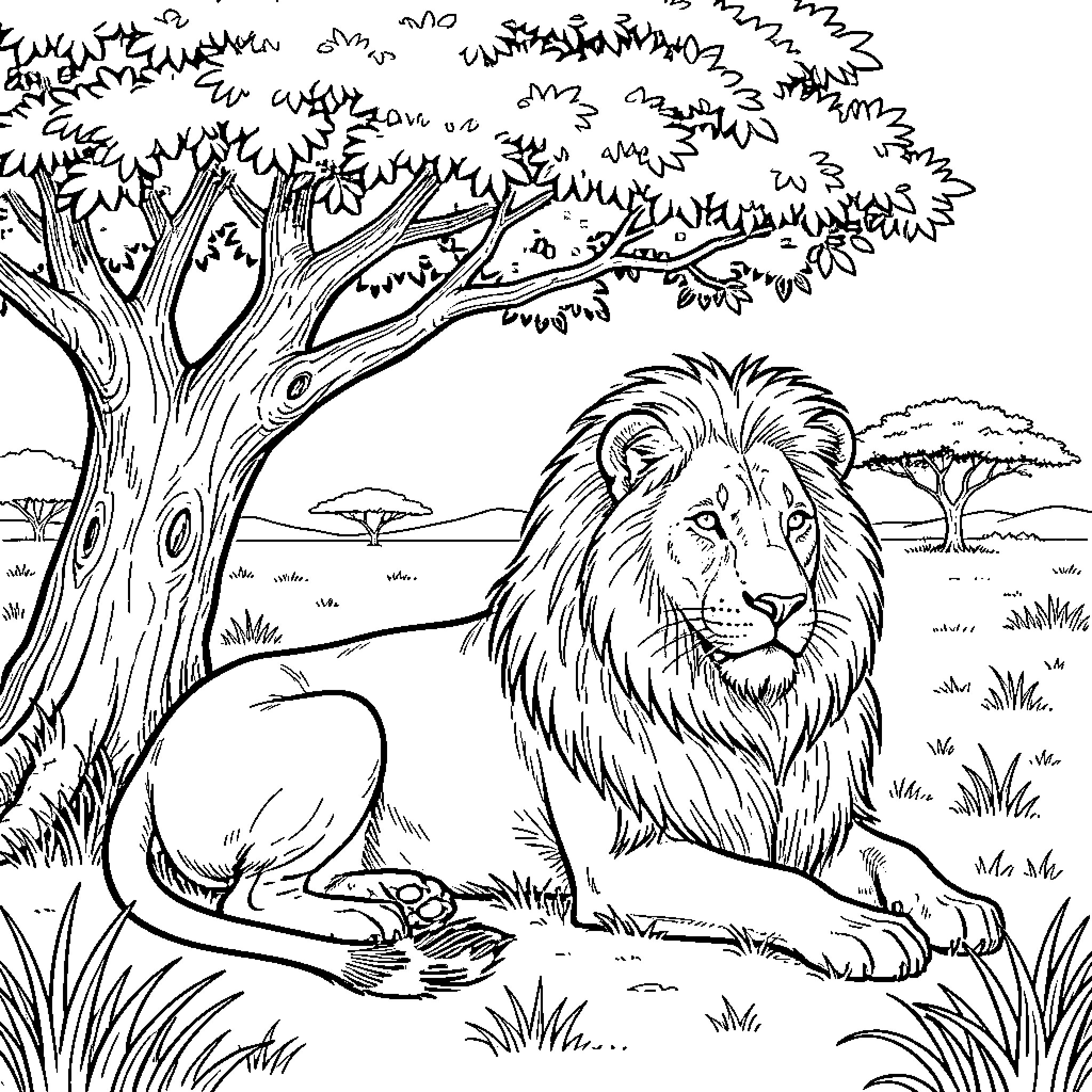 Lion resting in the African wilderness Coloring Page (free black-and-white line drawing printable PDF for all, from beginners to advanced learners, including children, teens, adults, and seniors)