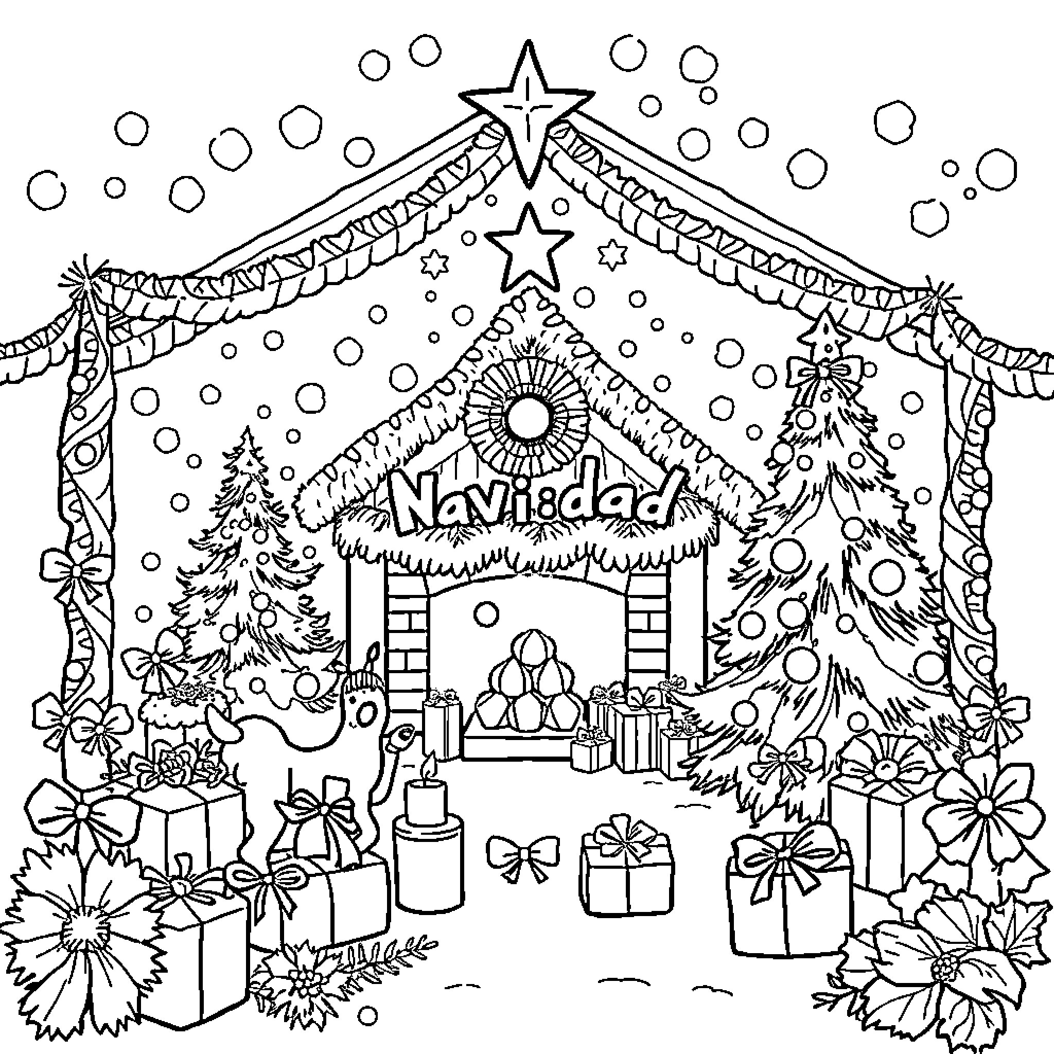 Christmas scene with festive decorations and gifts Coloring Page (free black-and-white line drawing printable PDF for all, from beginners to advanced learners, including children, teens, adults, and seniors)