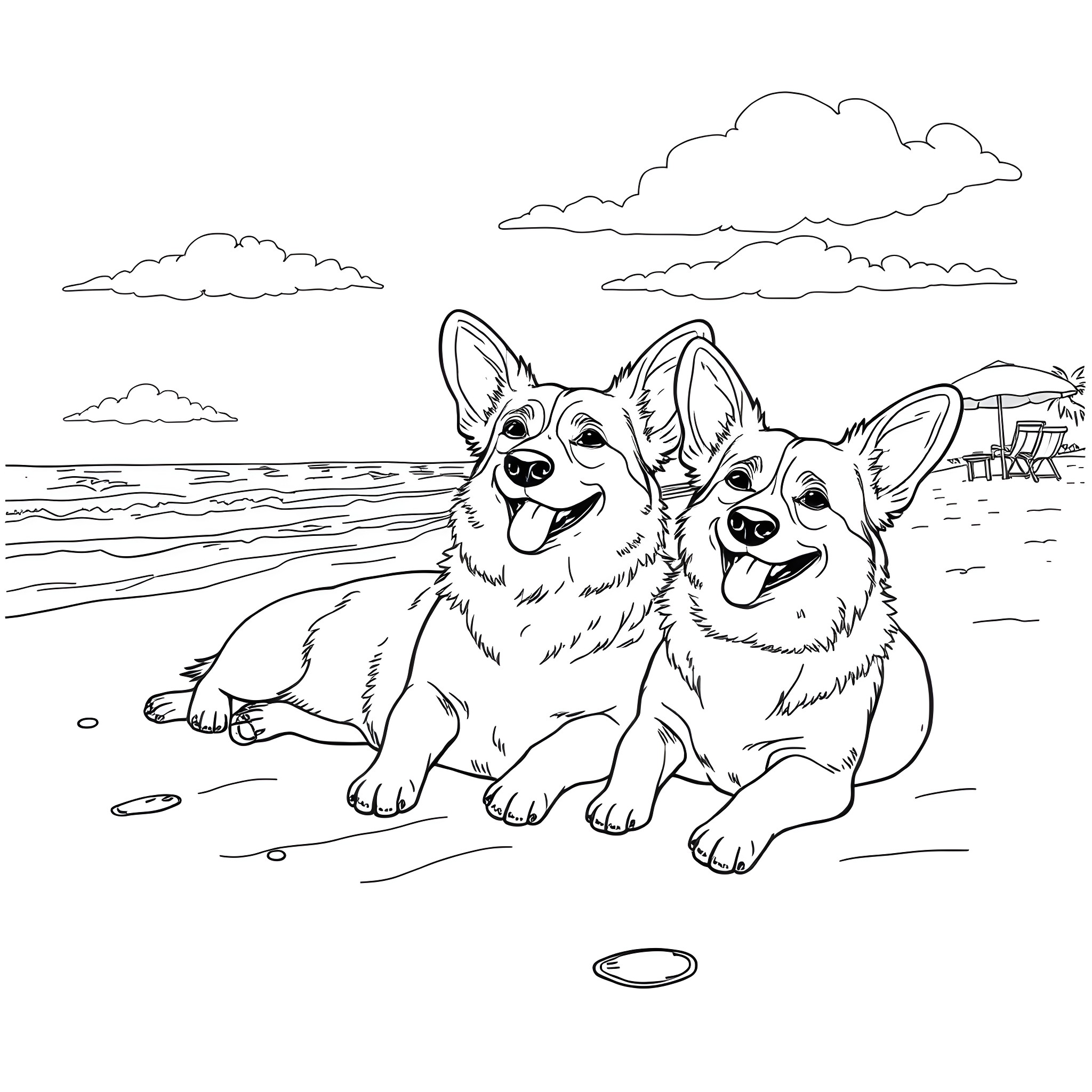 Corgi dogs playing happily on the beach Coloring Page (free black-and-white line drawing printable PDF for all, from beginners to advanced learners, including children, teens, adults, and seniors)
