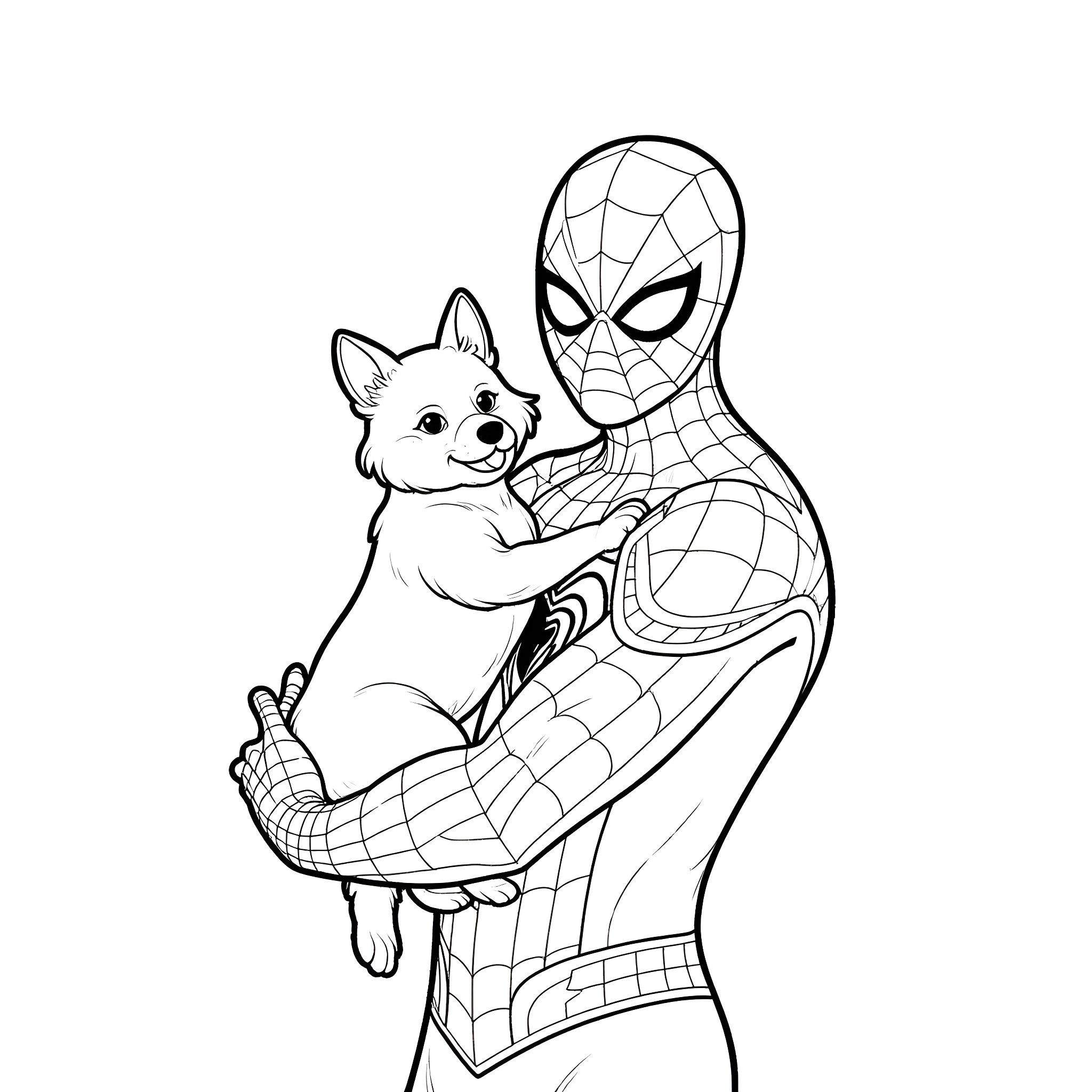 Spiderman befriends a puppy Coloring Page (free black-and-white line drawing printable PDF for all, from beginners to advanced learners, including children, teens, adults, and seniors)