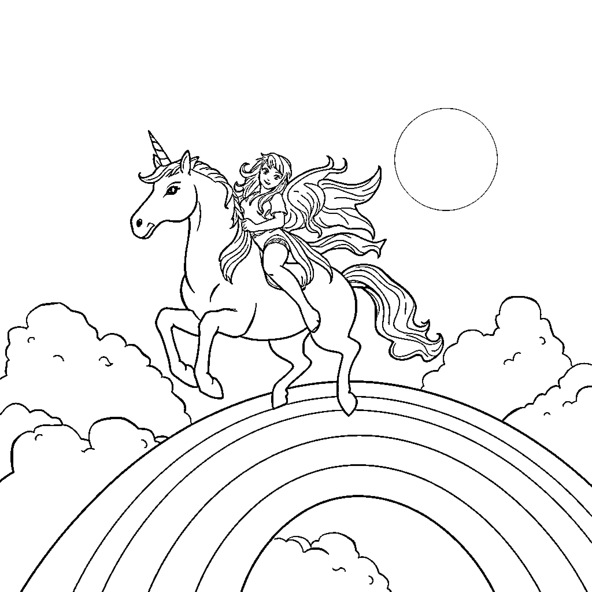 Rupanzel riding a magical unicorn in the sky Coloring Page (free black-and-white line drawing printable PDF for all, from beginners to advanced learners, including children, teens, adults, and seniors)