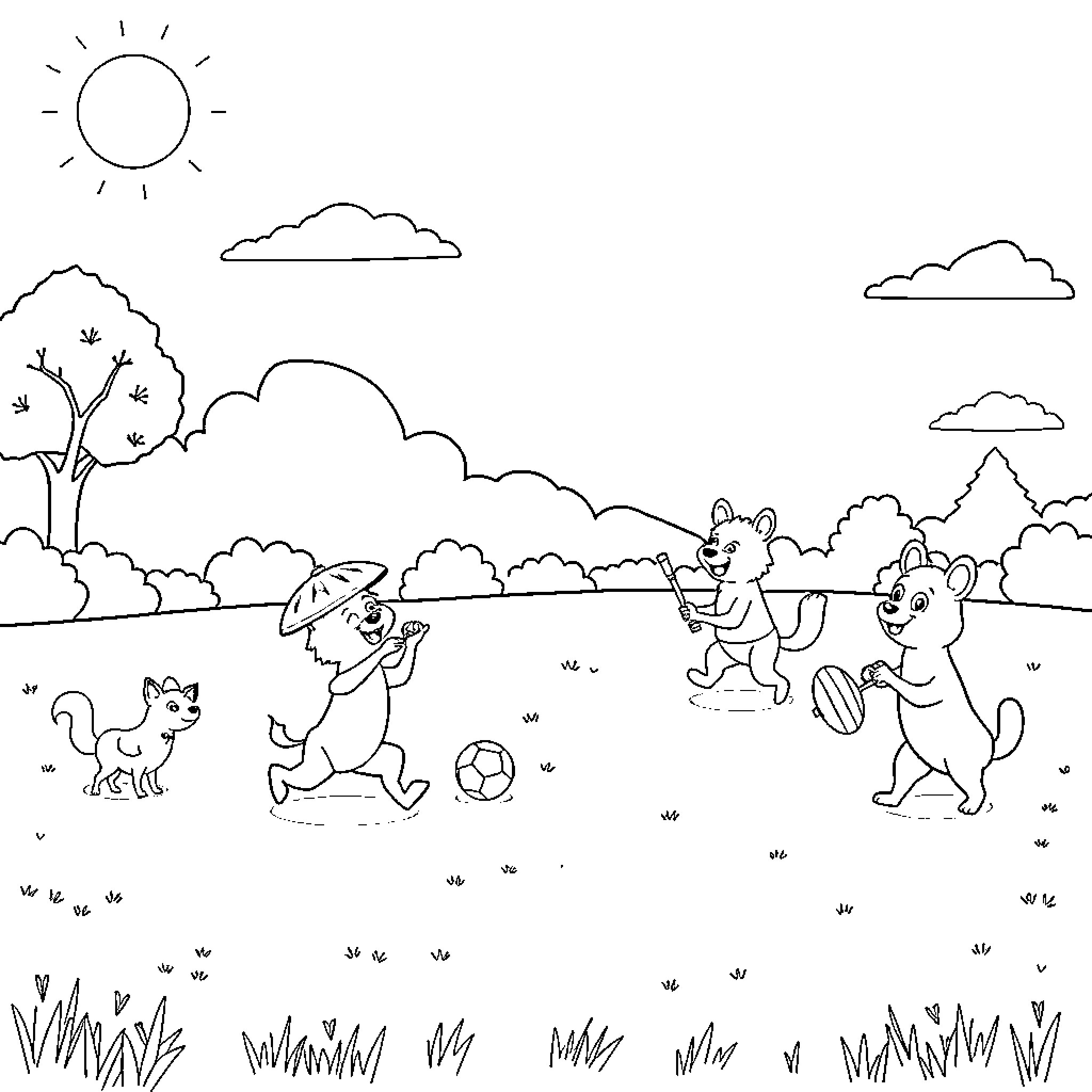 Animal friends playing outdoors on a sunny day Coloring Page (free black-and-white line drawing printable PDF for all, from beginners to advanced learners, including children, teens, adults, and seniors)