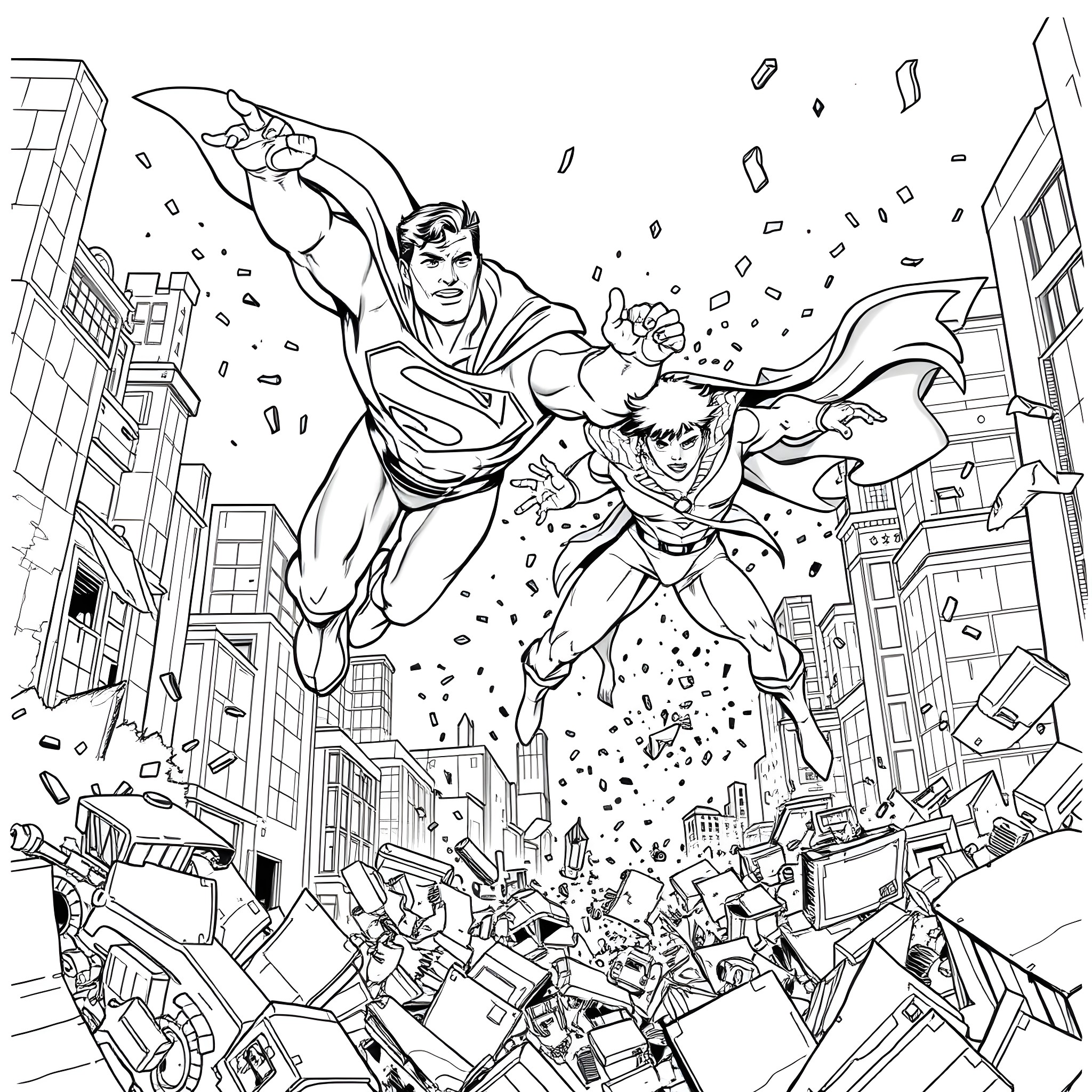 Superman and Robin fighting heroically in the city Coloring Page (free black-and-white line drawing printable PDF for all, from beginners to advanced learners, including children, teens, adults, and seniors)