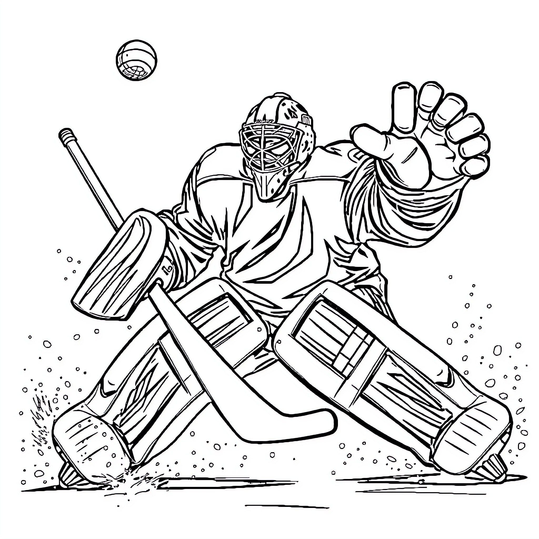 Hockey Goalie Blocking the Puck with Intense Focus Coloring Page (free black-and-white line drawing printable PDF for all, from beginners to advanced learners, including children, teens, adults, and seniors)