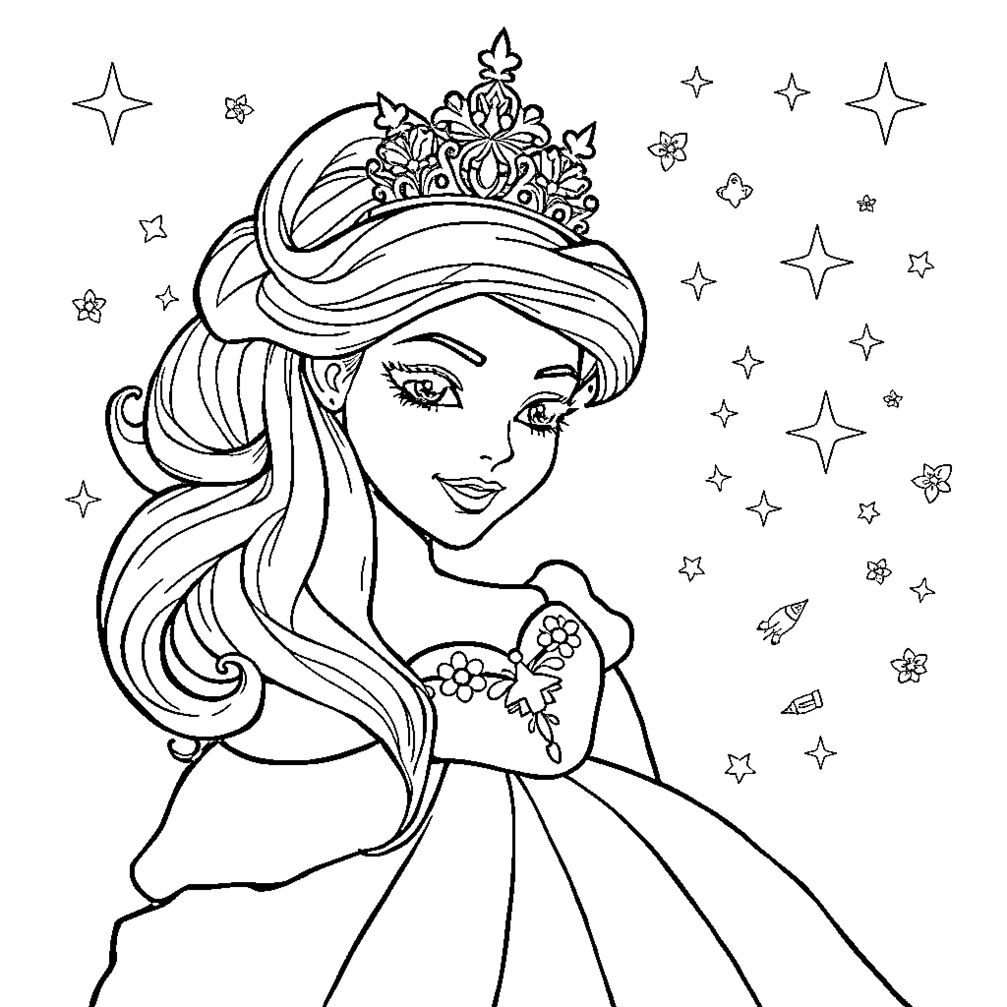 Princess in a Sparkling Gown with a Shimmering Crown Coloring Page (free black-and-white line drawing printable PDF for all, from beginners to advanced learners, including children, teens, adults, and seniors)