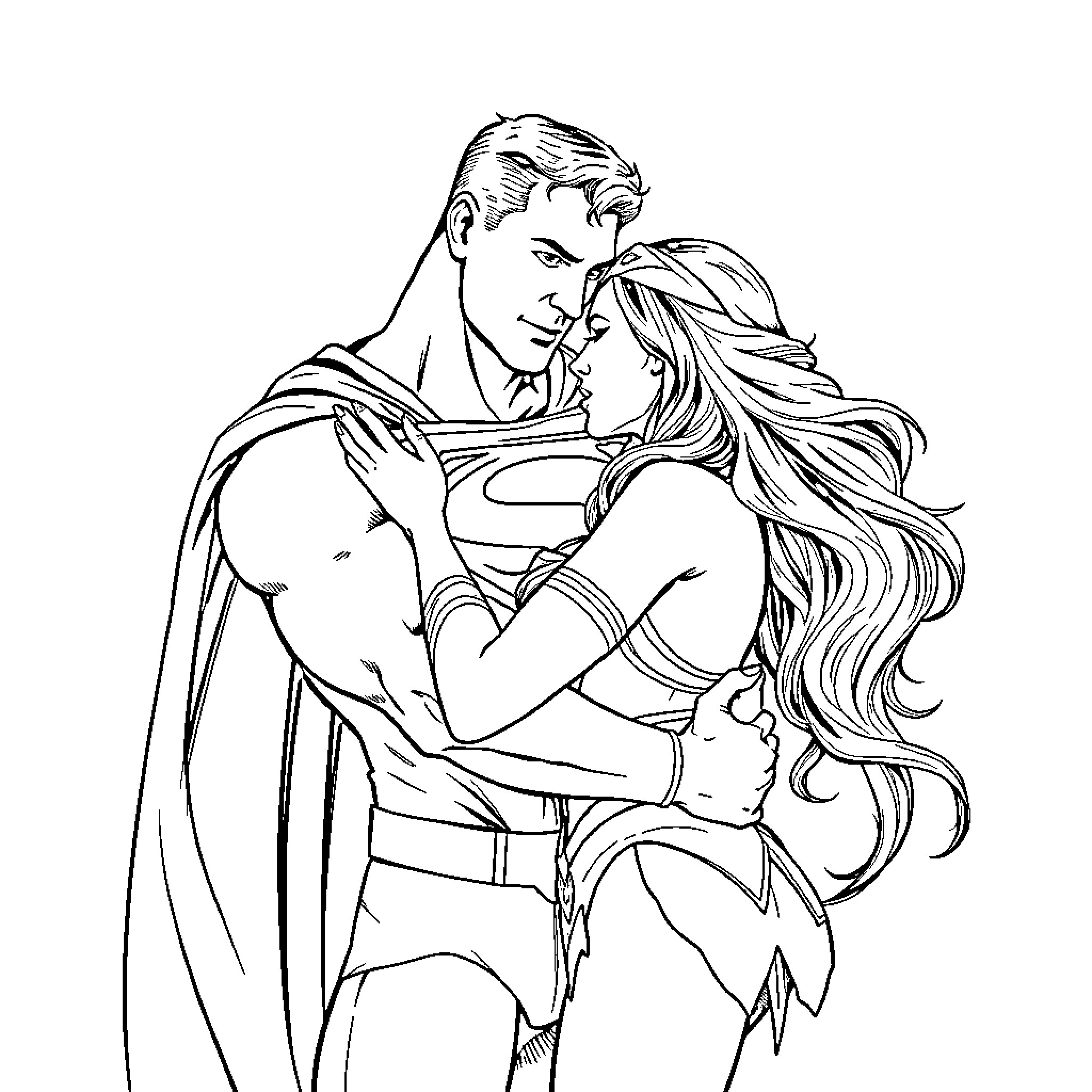 Superman embracing a woman with affection Coloring Page (free black-and-white line drawing printable PDF for all, from beginners to advanced learners, including children, teens, adults, and seniors)