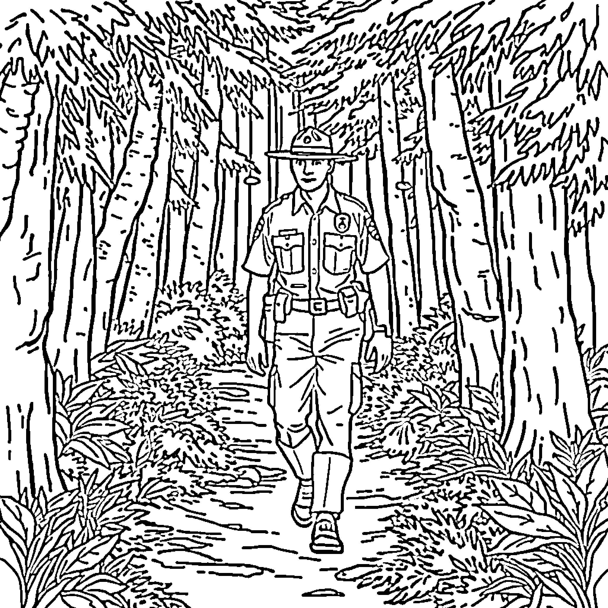 Park Ranger Walking Through Lush Forest Path Coloring Page (free black-and-white line drawing printable PDF for all, from beginners to advanced learners, including children, teens, adults, and seniors)