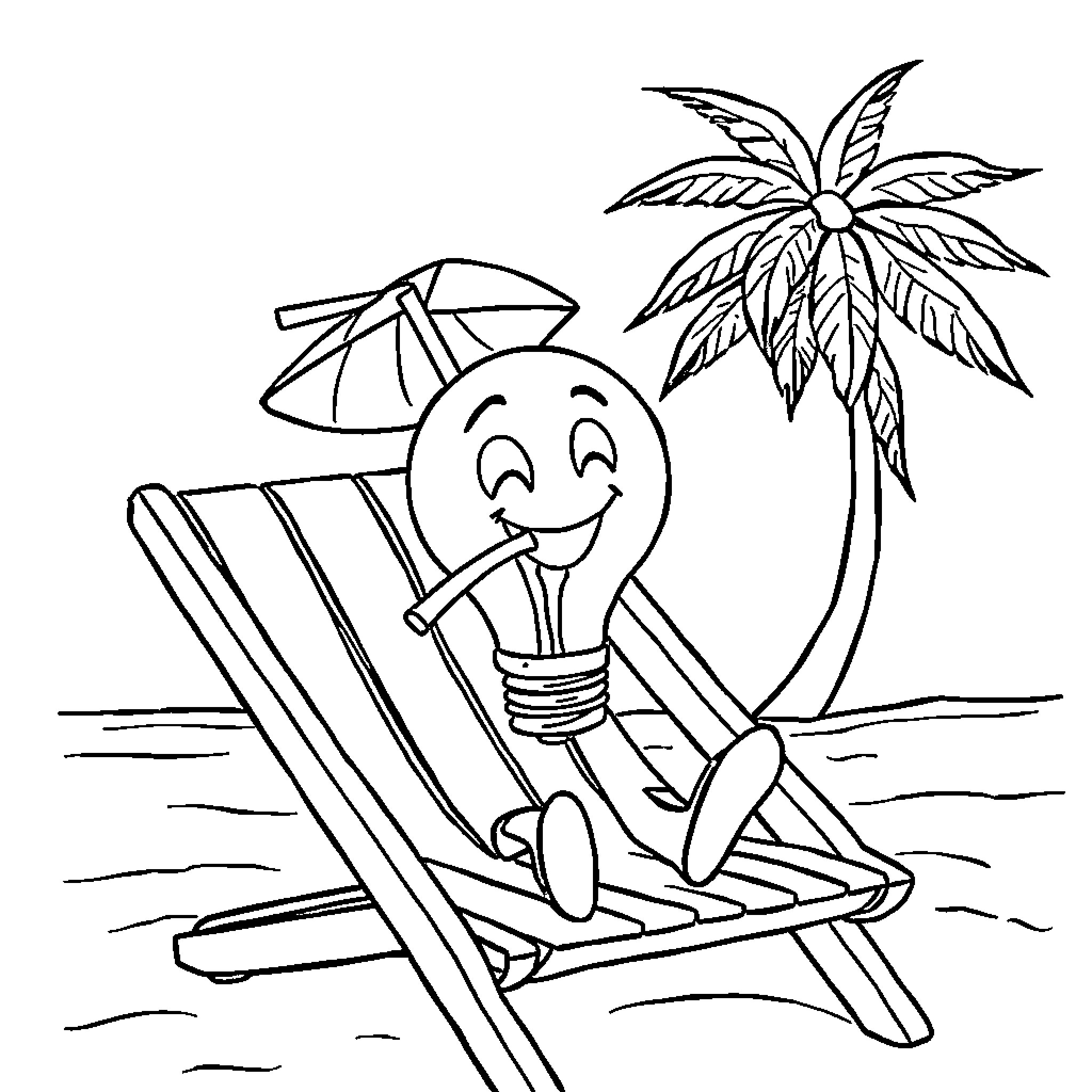 Lightbulb enjoying a day at the beach Coloring Page (free black-and-white line drawing printable PDF for all, from beginners to advanced learners, including children, teens, adults, and seniors)
