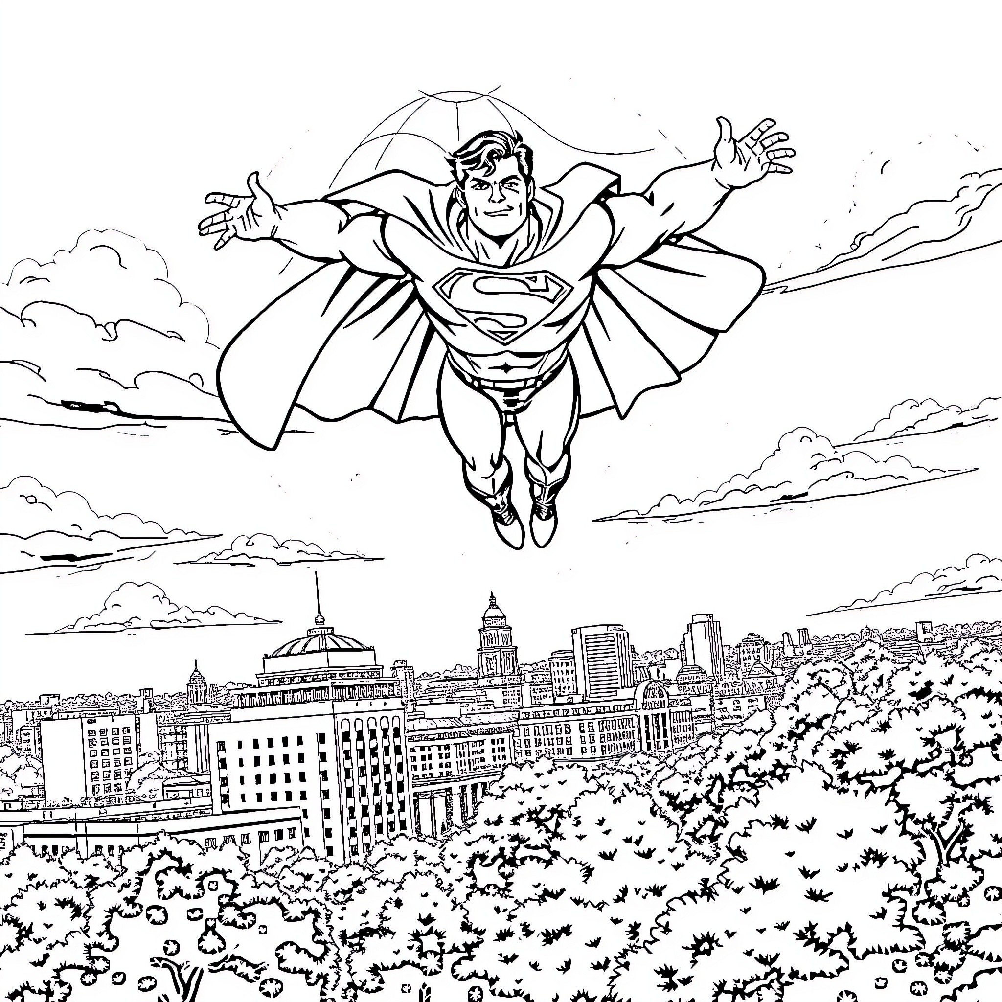 Superman soaring over the city with outstretched arms Coloring Page (free black-and-white line drawing printable PDF for all, from beginners to advanced learners, including children, teens, adults, and seniors)
