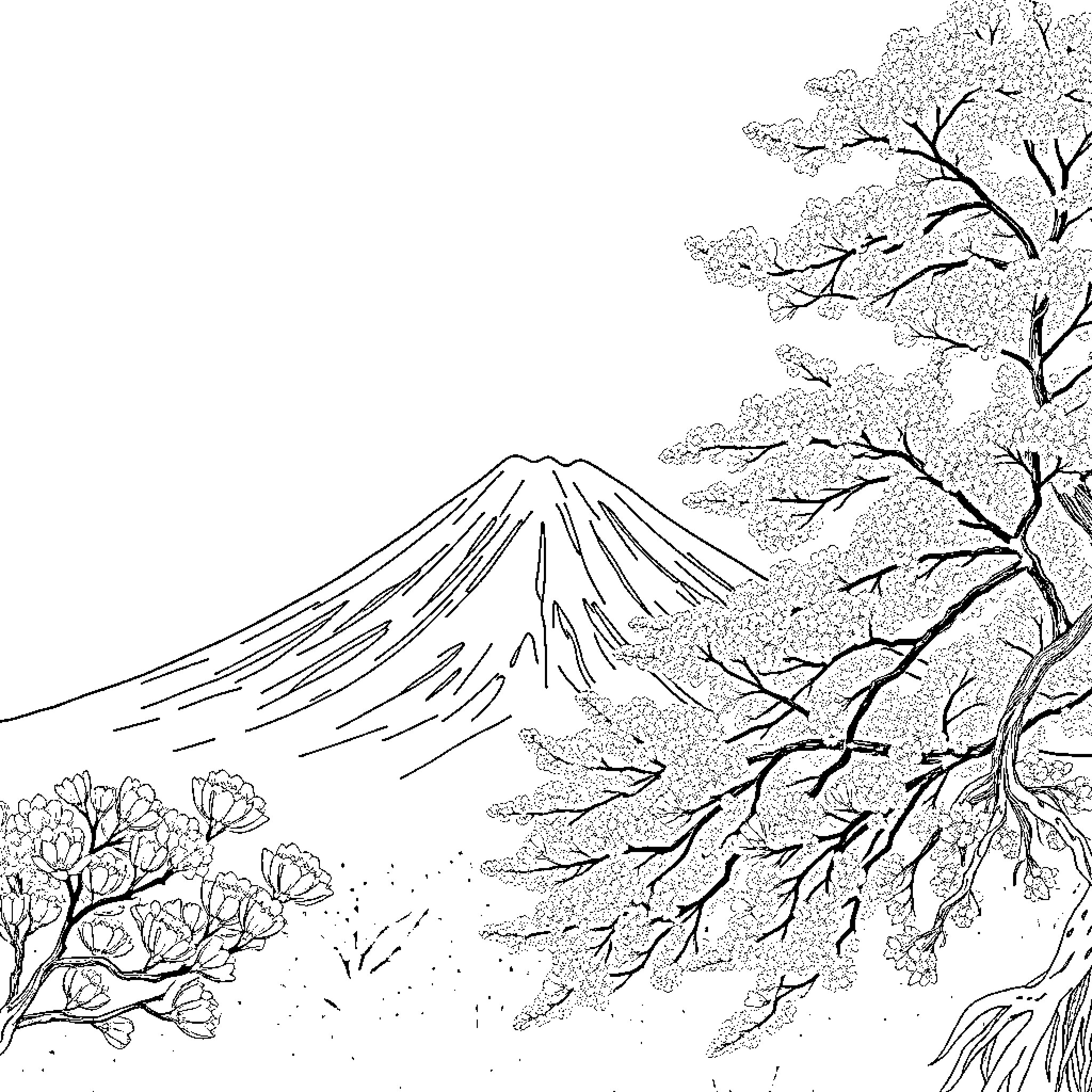 Cherry Blossom Scenery with Majestic Mountain Coloring Page (free black-and-white line drawing printable PDF for all, from beginners to advanced learners, including children, teens, adults, and seniors)
