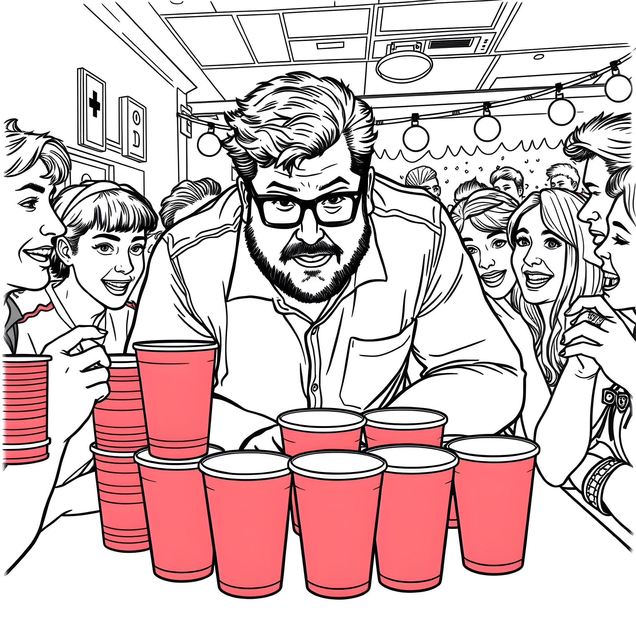Jonah Hill having fun at a party with friends Coloring Page (free black-and-white line drawing printable PDF for all, from beginners to advanced learners, including children, teens, adults, and seniors)